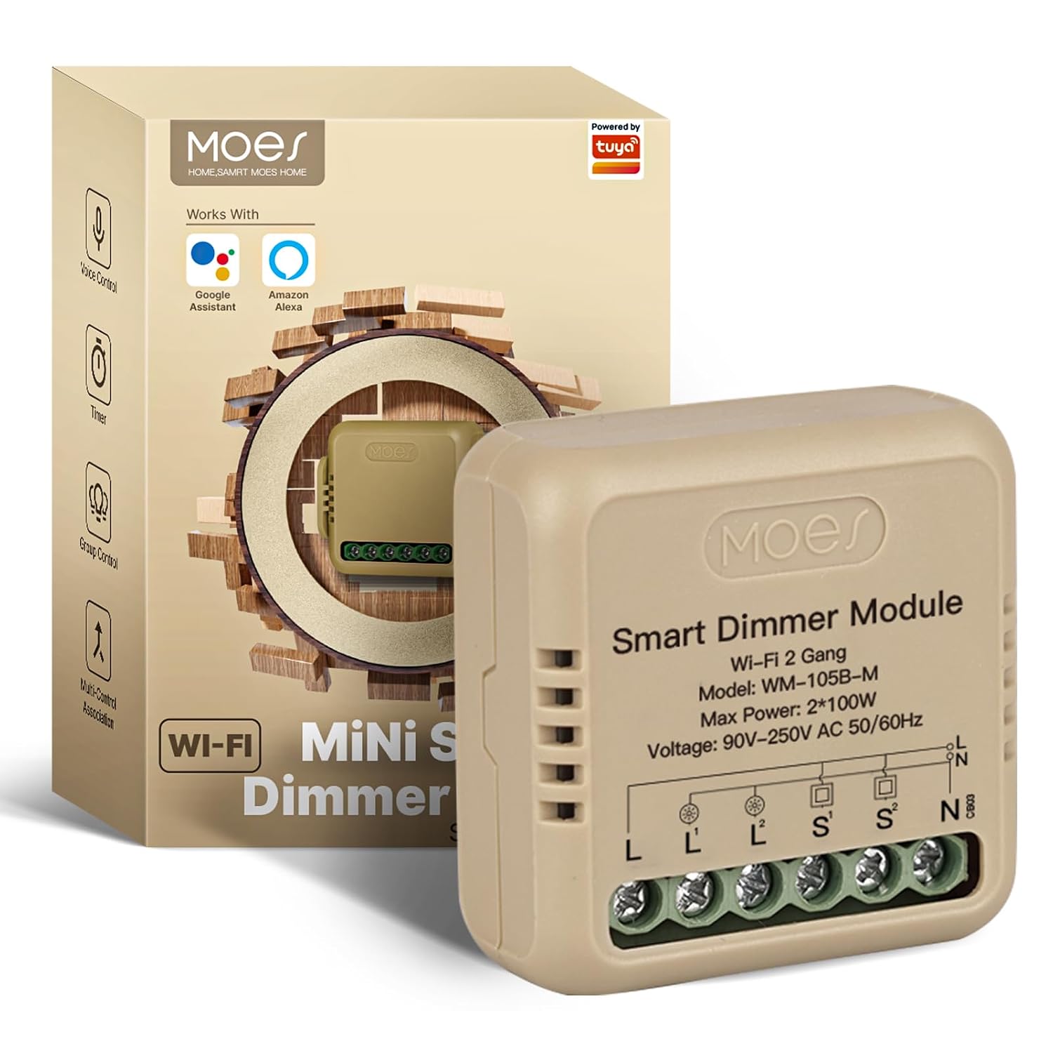 MOES Smart WiFi LED Dimmer Switch Module, Mini (2 Gang) – Compact Smart Lighting for UK Homes
