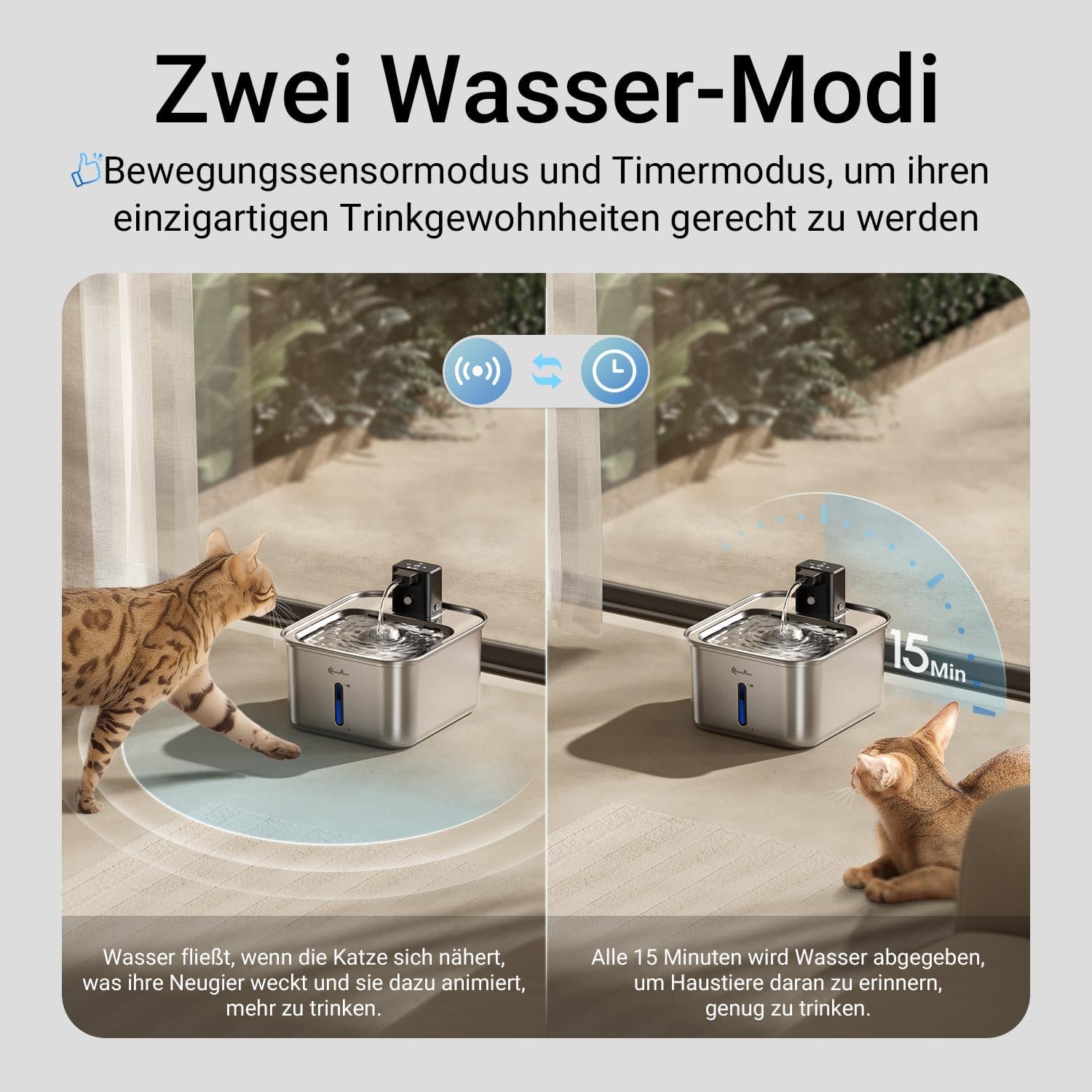 Detalle de DownyPaws Edelstahl-Katzenbrunnen Kabellos – 3L, Bewegungsmelder, leise & leicht zu reinigen