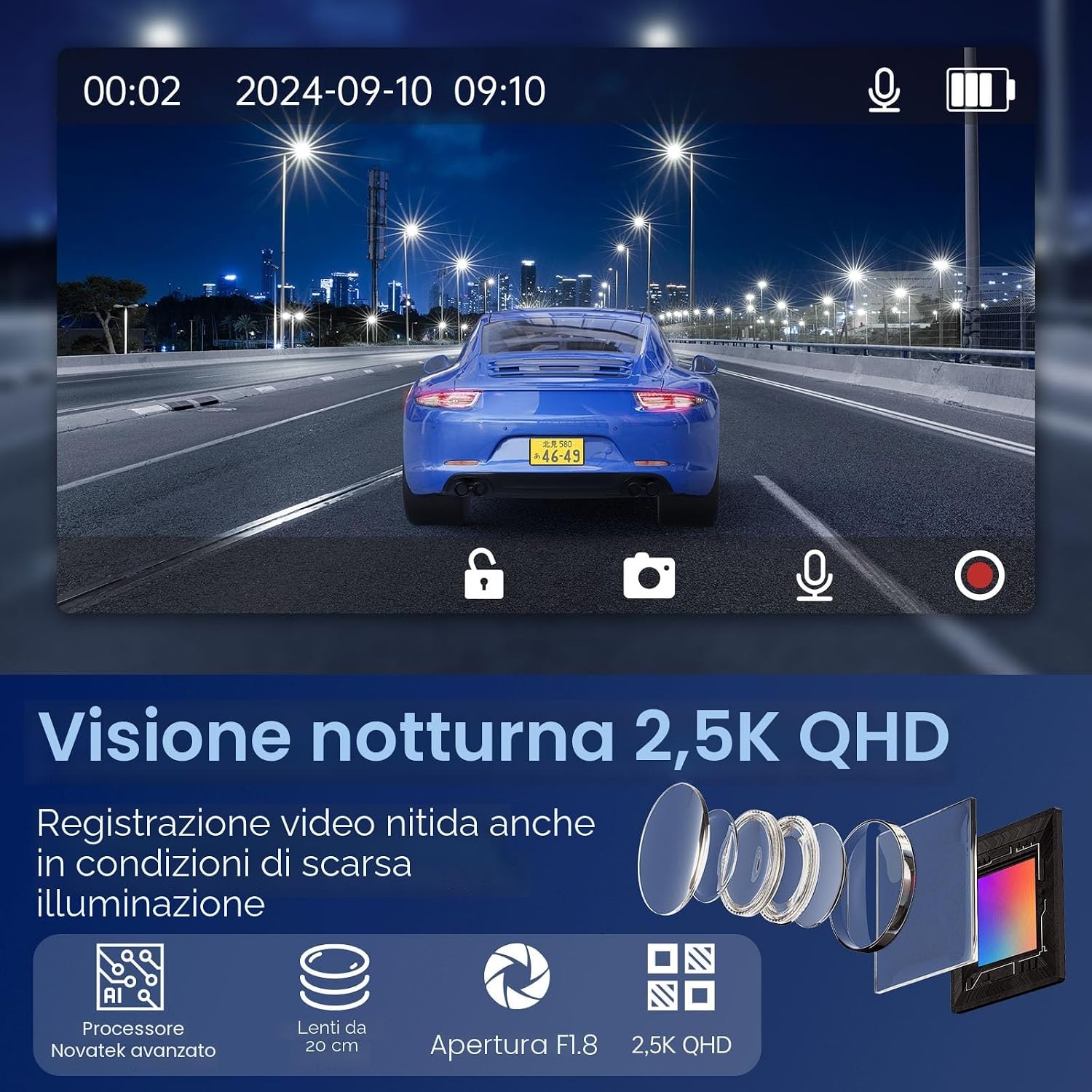 Detalle 2 de Dash Cam Auto 2.5K QHD Doppia lente 64GB