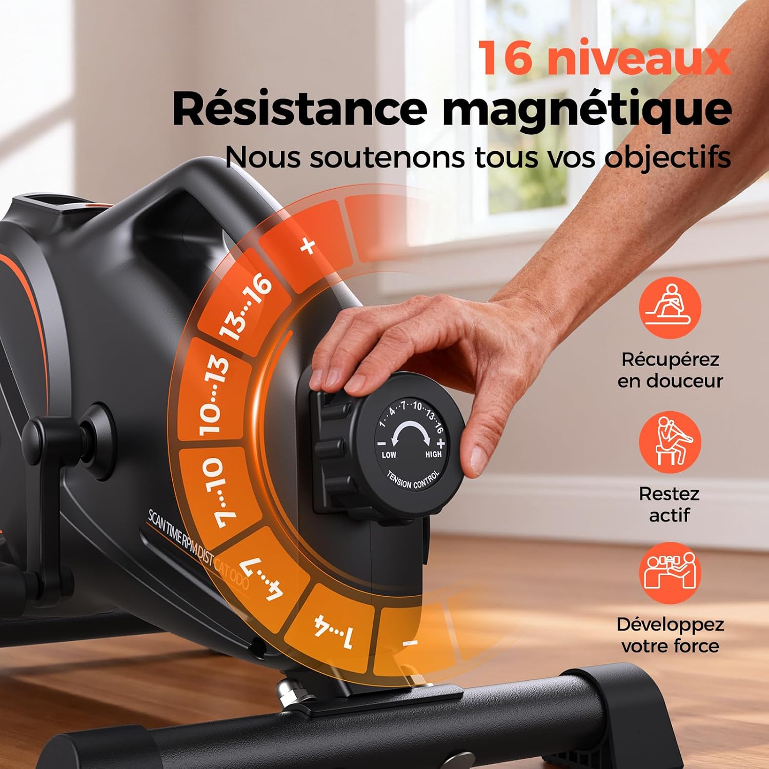 Detalle de YOSUDA mini-hometrainer met 16 weerstandsniveaus, LCD-display en weerstandsbanden