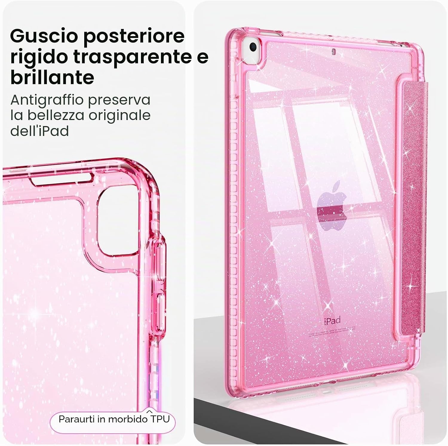 Detalle de FINTIE Cover 10,2" per iPad 9/8/7 Gen (2021/2020/2019) con Portapenne, retro glitter trasparente, sleep/wake automatico - Magenta