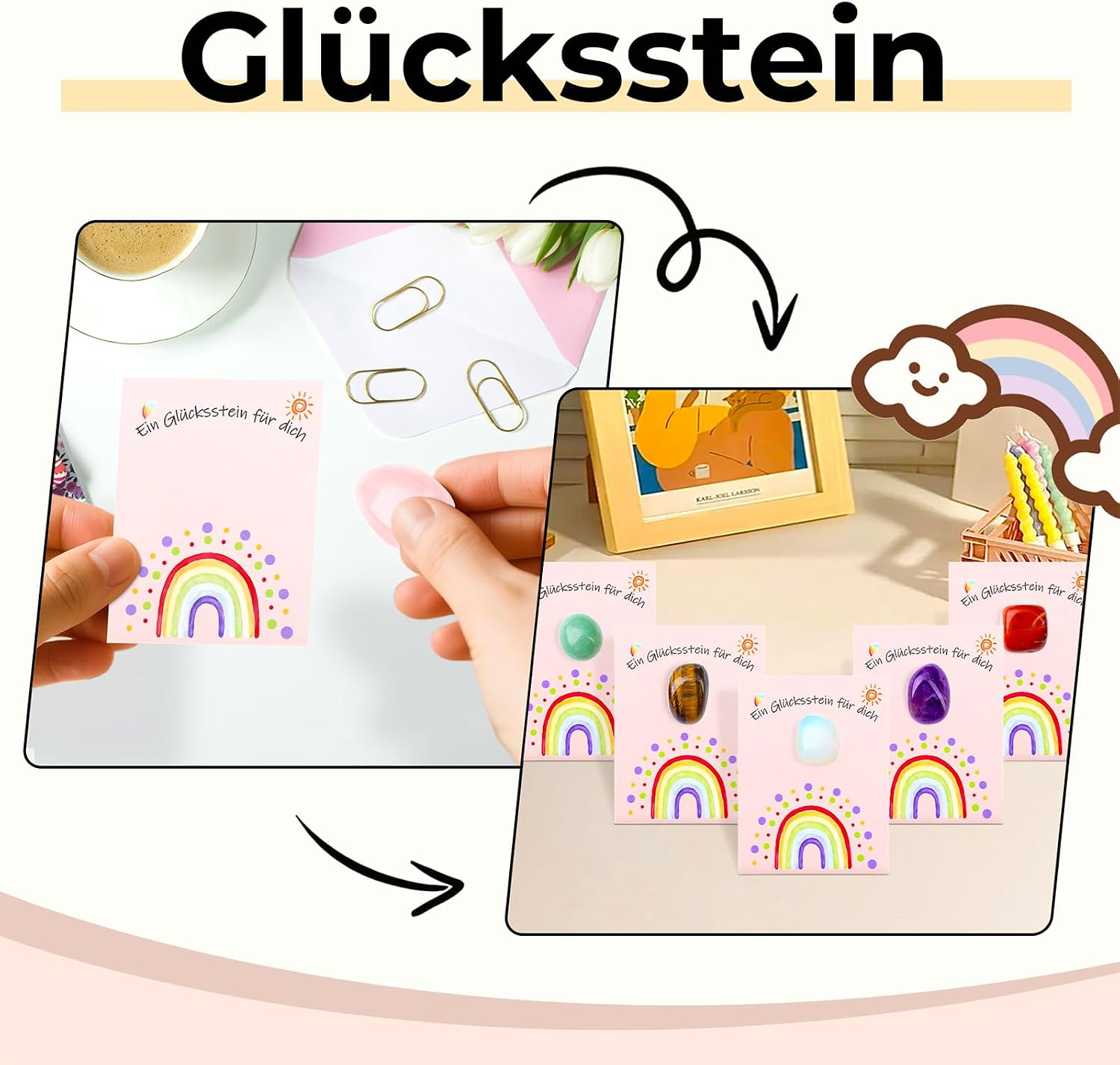 Detalle de XIANNVXI Glücksstein Mitbringsel – 10 bunte Trommelstein Glückssteine mit Karten, Kleber und Geschenkbox