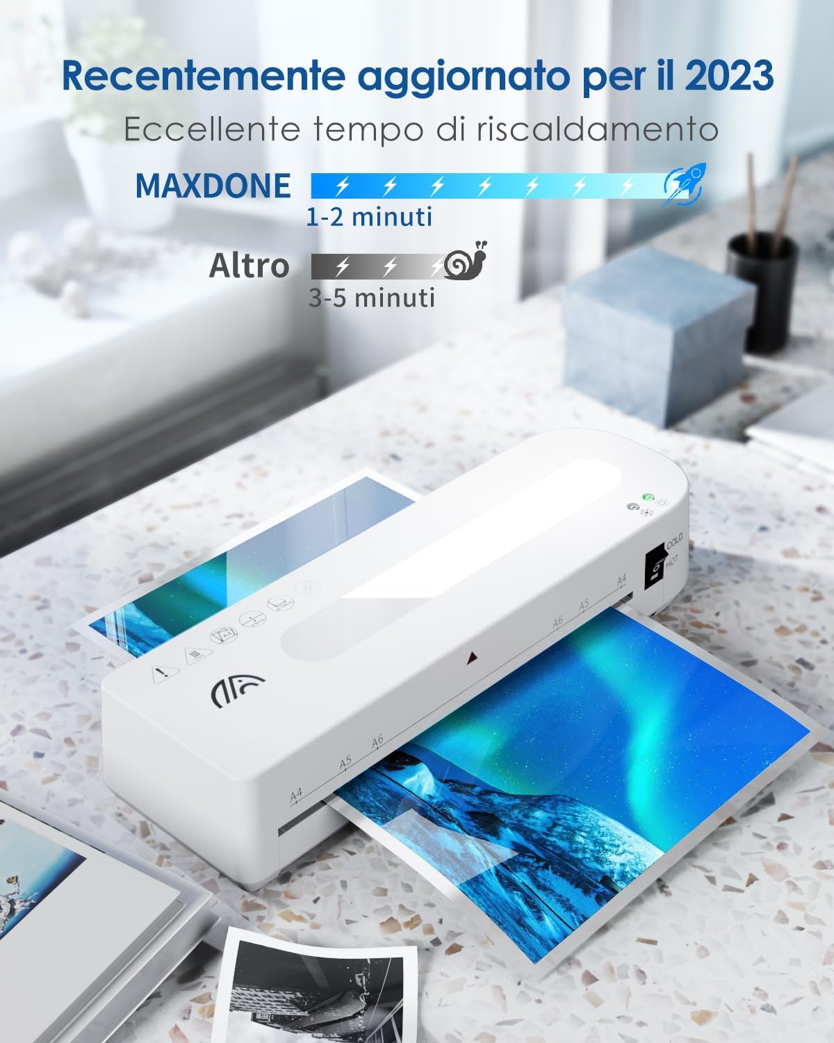Detalle de Plastificatrice A4 con 10 Fogli e laminazione: pronta in 90 secondi, doppio rullo e modalità caldo/freddo