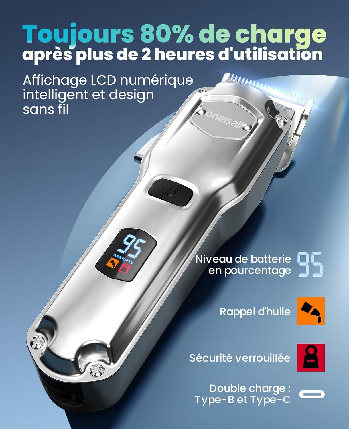 Detalle 2 de Oneisall Tondeuse à poils pour chiens — sans fil, étanche IPX7, pour poils longs et épais