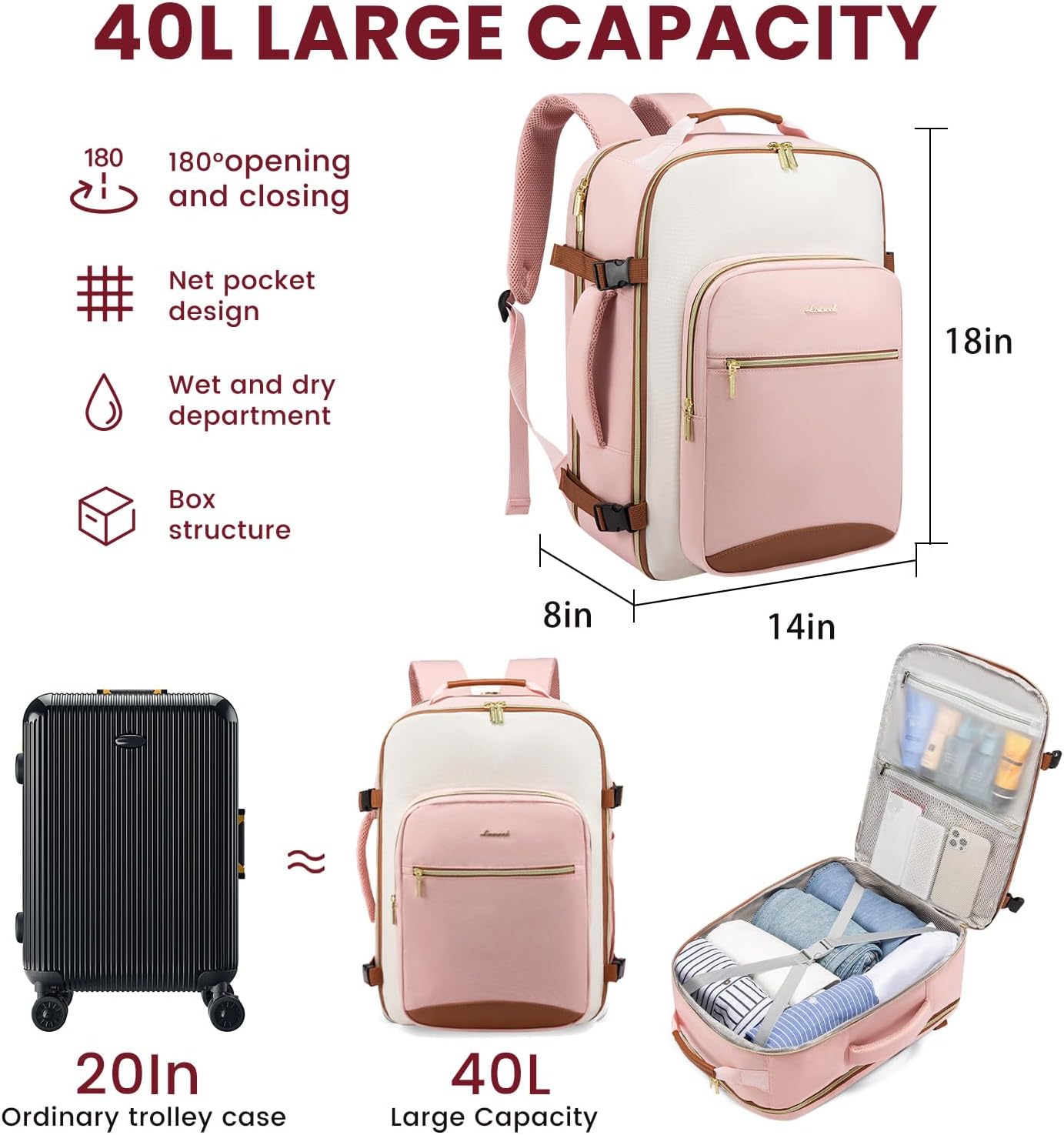 Detalle 2 de LOVEVOOK 40L Travel Backpack — 17-inch carry-on