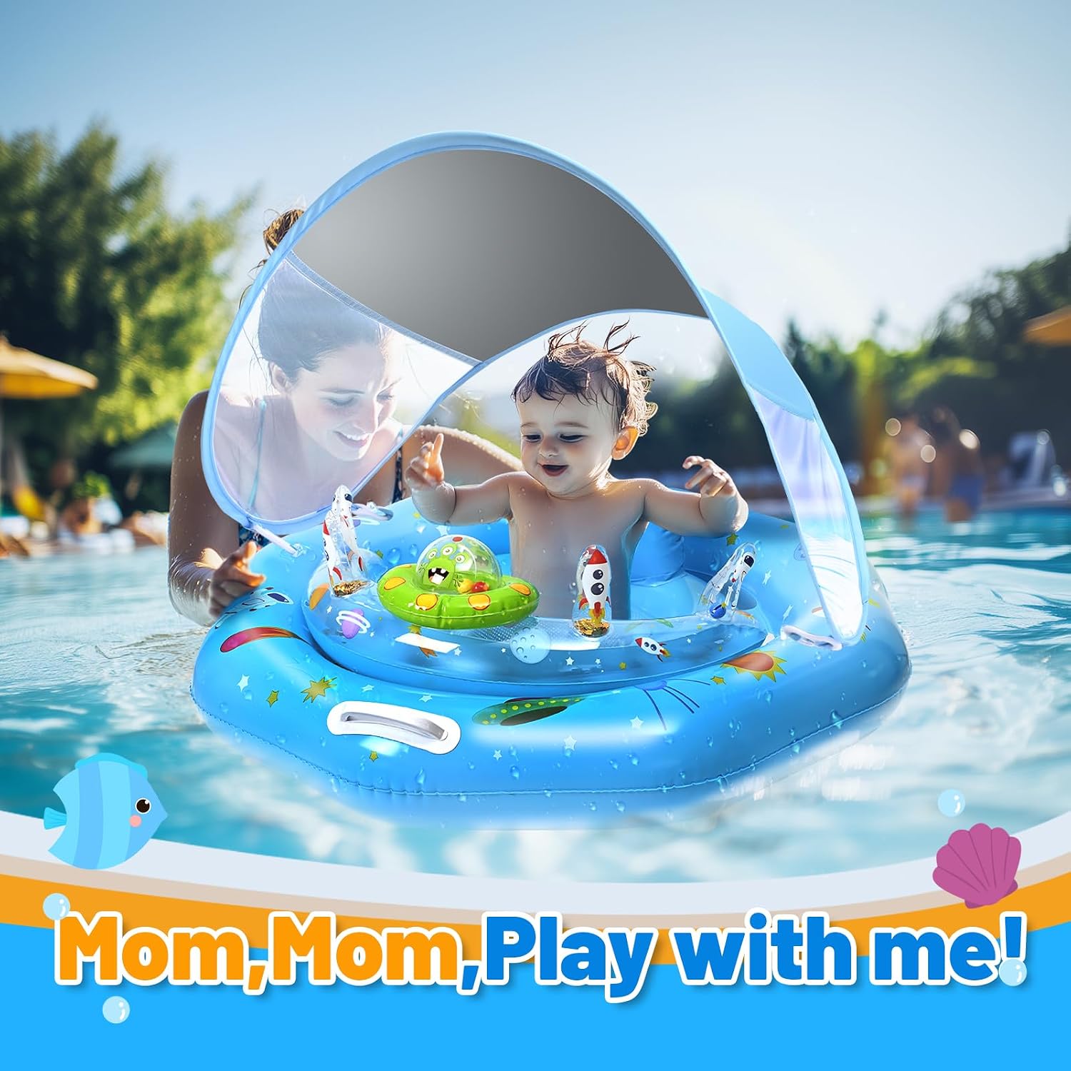 Thumbnail 5 de GEEQUFLOAT Baby Pool Float with Canopy — Inflatable UPF50+ Sun Protection, Adjustable Safety Seat, Toy Play Console
