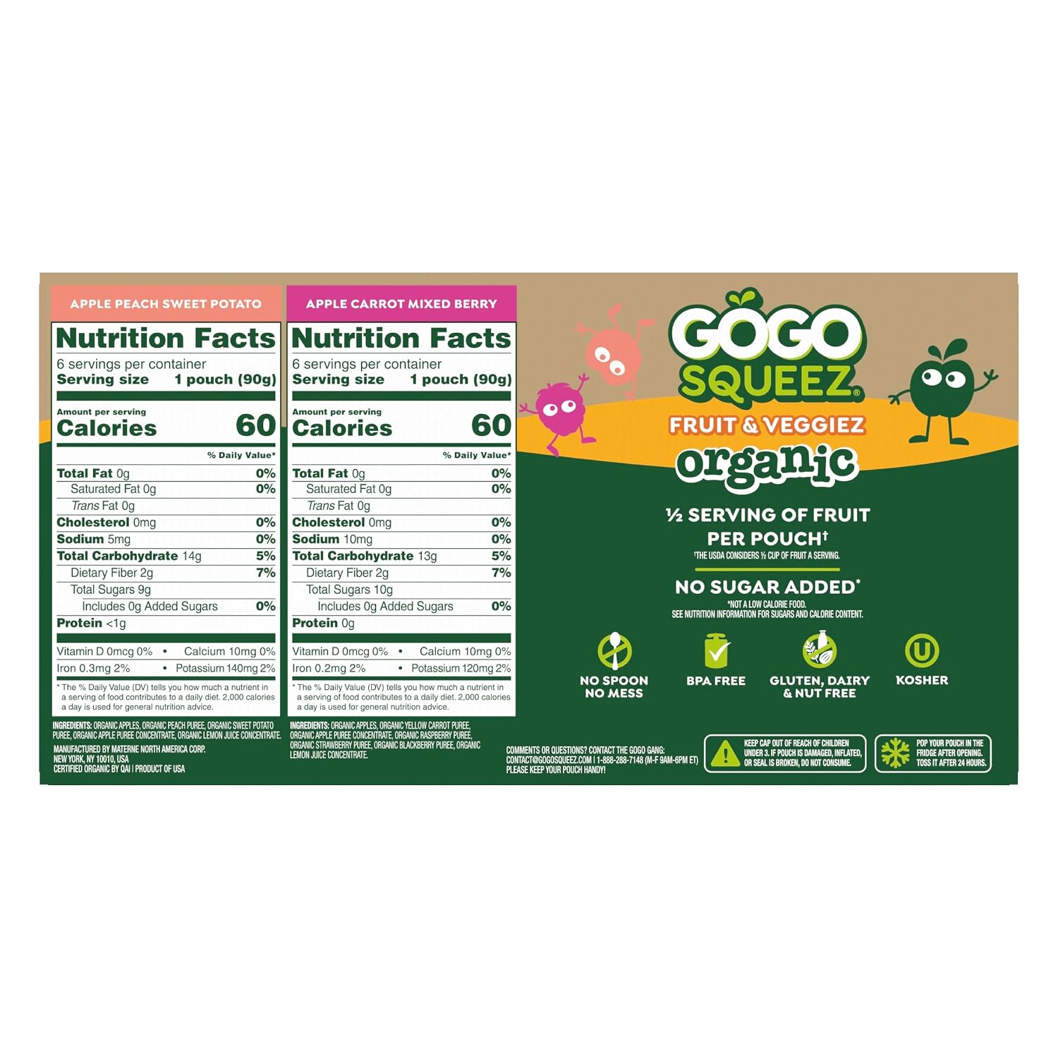 Detalle de GoGo squeeZ 280425 Organic Fruit & VeggieZ Pouches, 12 Count