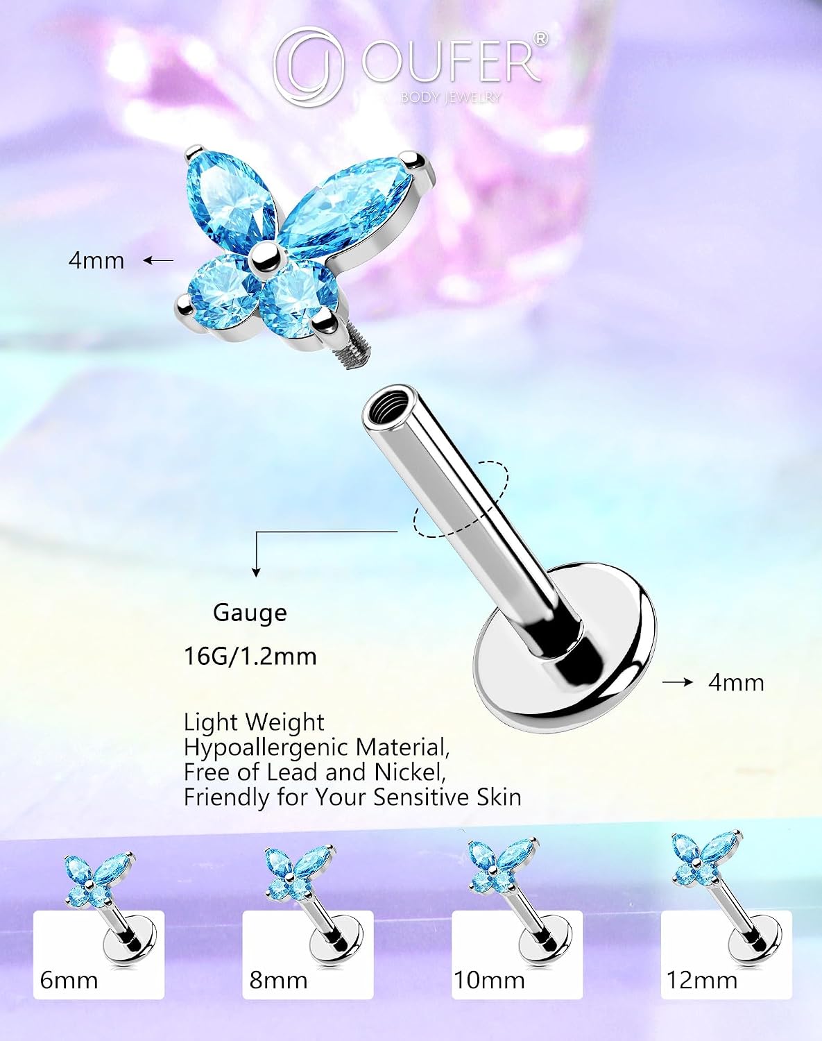 Detalle 2 de OUFER Labret 16G Acier 316L Papillon CZ 6/8/10/12mm