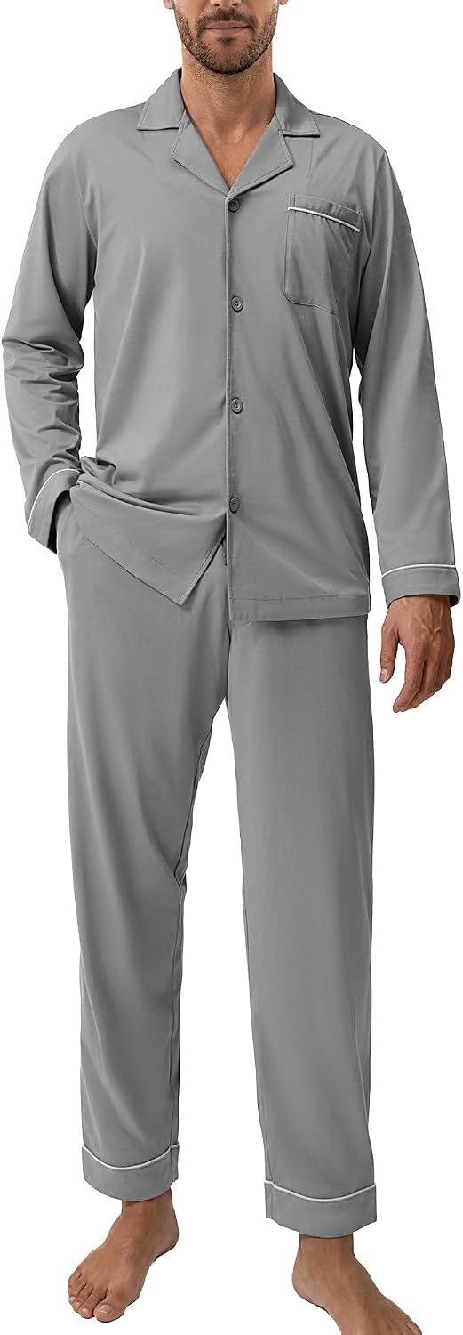 Detalle de DAVID ARCHY Herren Schlafanzug lang aus Baumwolle – Pyjama mit Taschen, Kordelzug und V-Ausschnitt