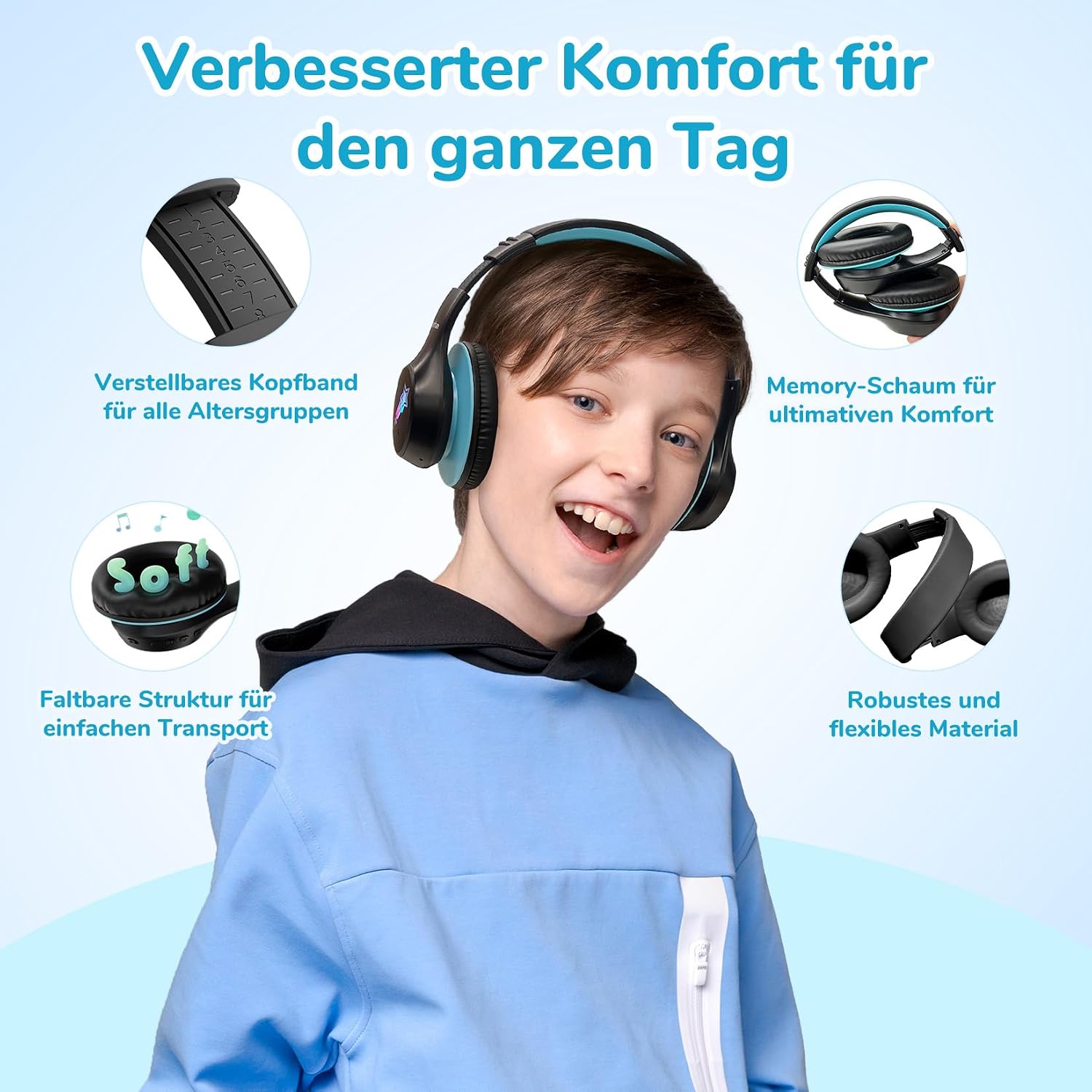 Detalle 1 de EarFun Kinder Bluetooth-Kopfhörer mit 90 Std