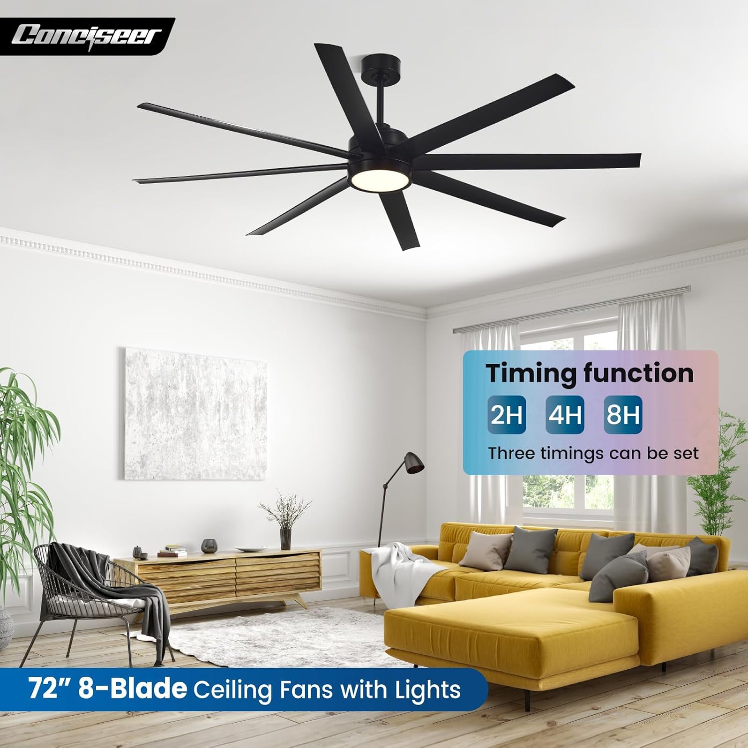 Thumbnail 2 de Conciseer 72-Inch Modern Ceiling Fan with Lights, Remote & 6-Speed Reversible Quiet DC Motor (Black)