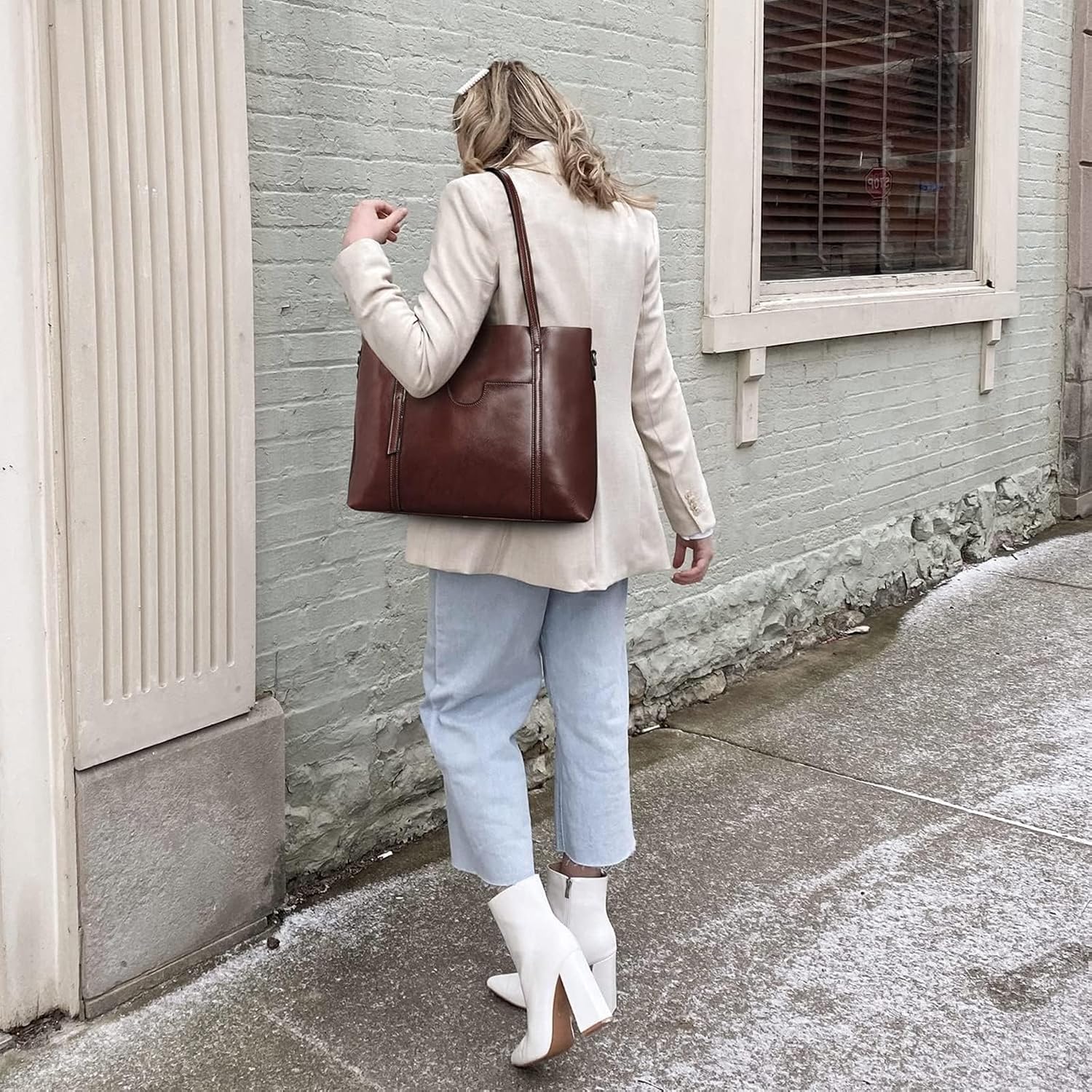 Detalle 2 de S-ZONE Sac à bandoulière en cuir véritable avec poignée supérieure – Grand format pour femme