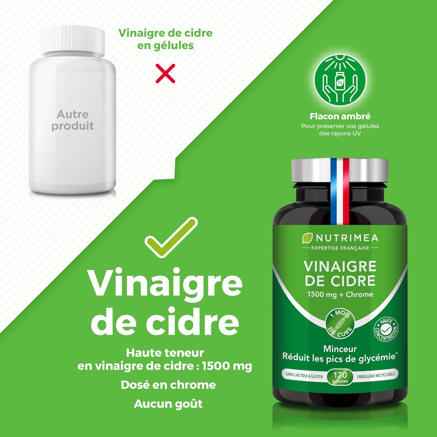Detalle de Laboratoires Nutrimea – Vinaigre de cidre 1500 mg avec chrome – 120 gélules vegan