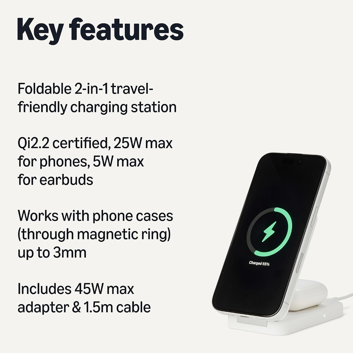 Detalle de Amazon Basics 25W Qi2.2 Wireless Charging Station with MagSafe Compatibility