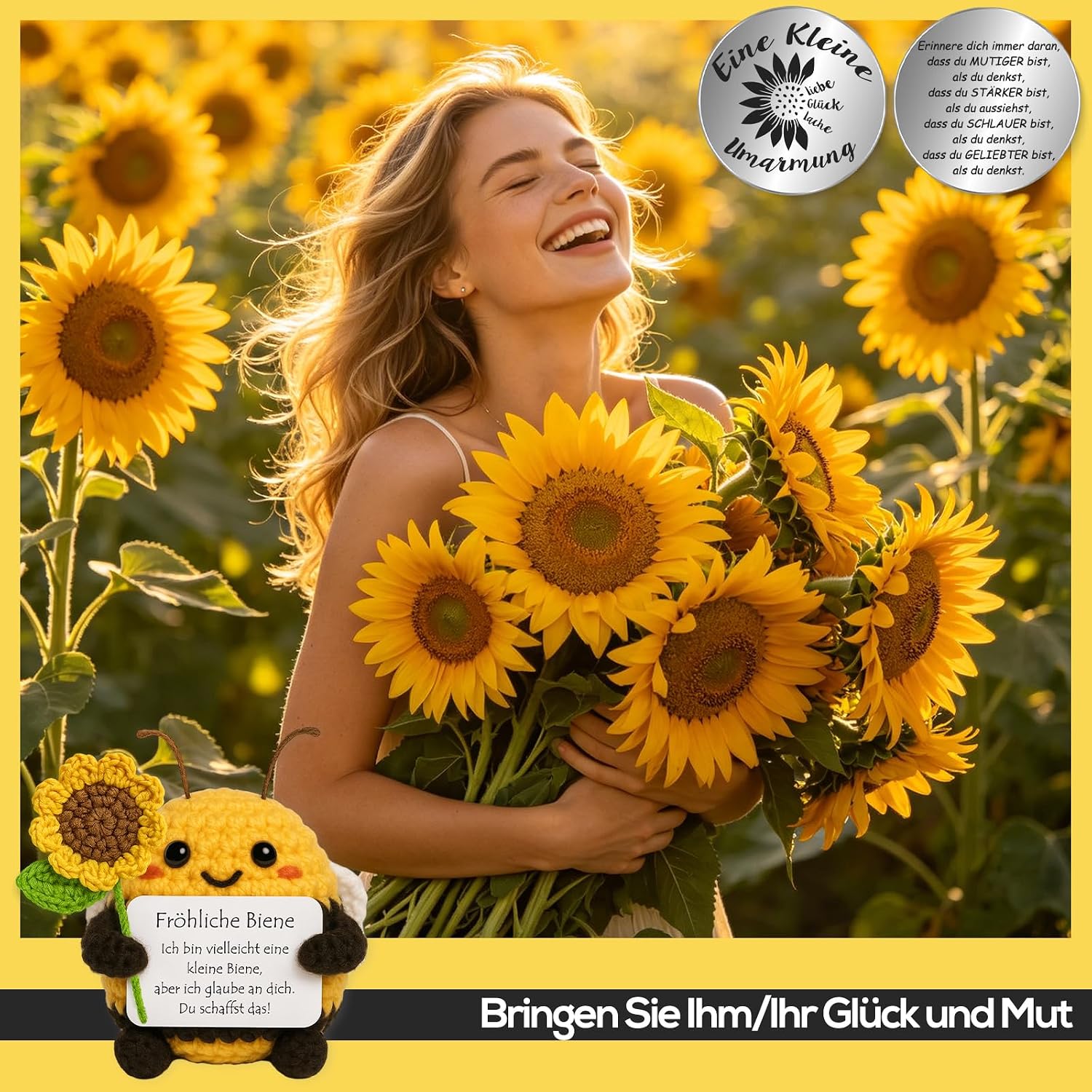 Thumbnail 5 de Tixlux Pocket Hug Fröhliche Biene mit Sonnenblumenstrauß – Strick-Dekofigur & Umarmungs-Glücksbringer