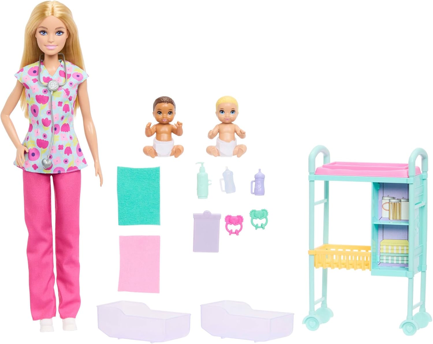 Detalle de Barbie Carriere Pediatra JMK12: set gioco con bambola bionda, neonati e lettino per visite