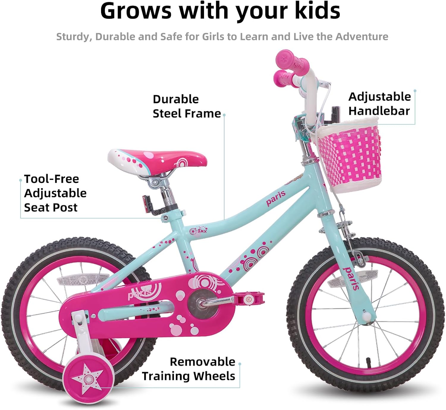 Detalle de JOYSTAR Paris Girls Bike for Ages 3-8: 14/16/18 Inch Kids Bike with Training Wheels, Basket, and Handbrake