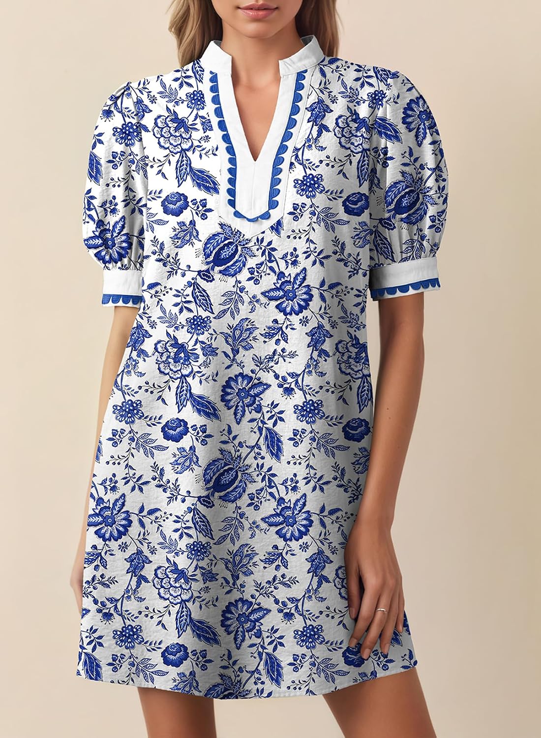 Detalle de Dokotoo Summer Dresses for Women 2026 Boho Floral Puff Short Sleeve V Neck Mini Dress