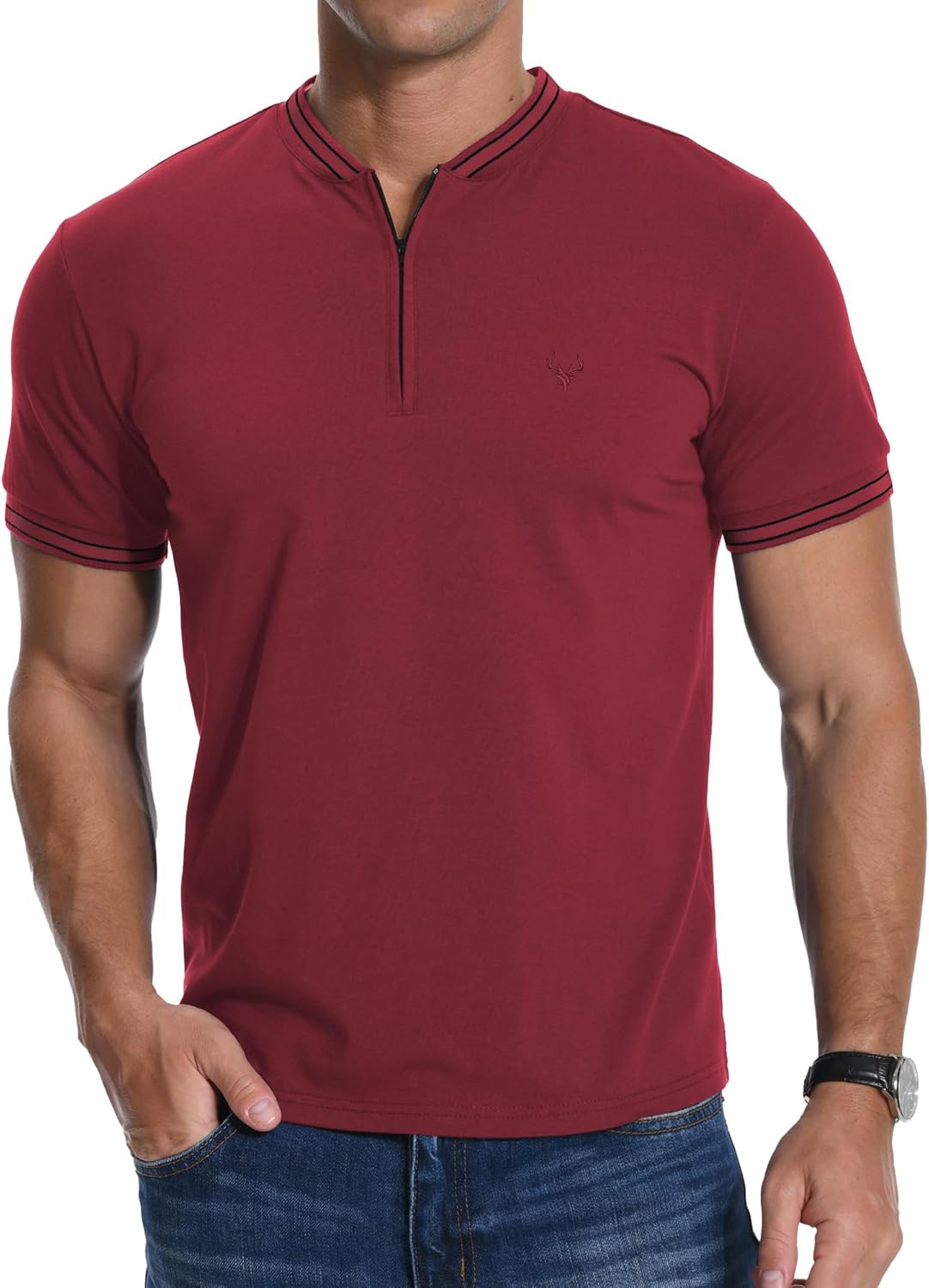Thumbnail 6 de PCEAIIH Men's Henley T-Shirt with Zip Stand Neck and Deer Head Embroidery