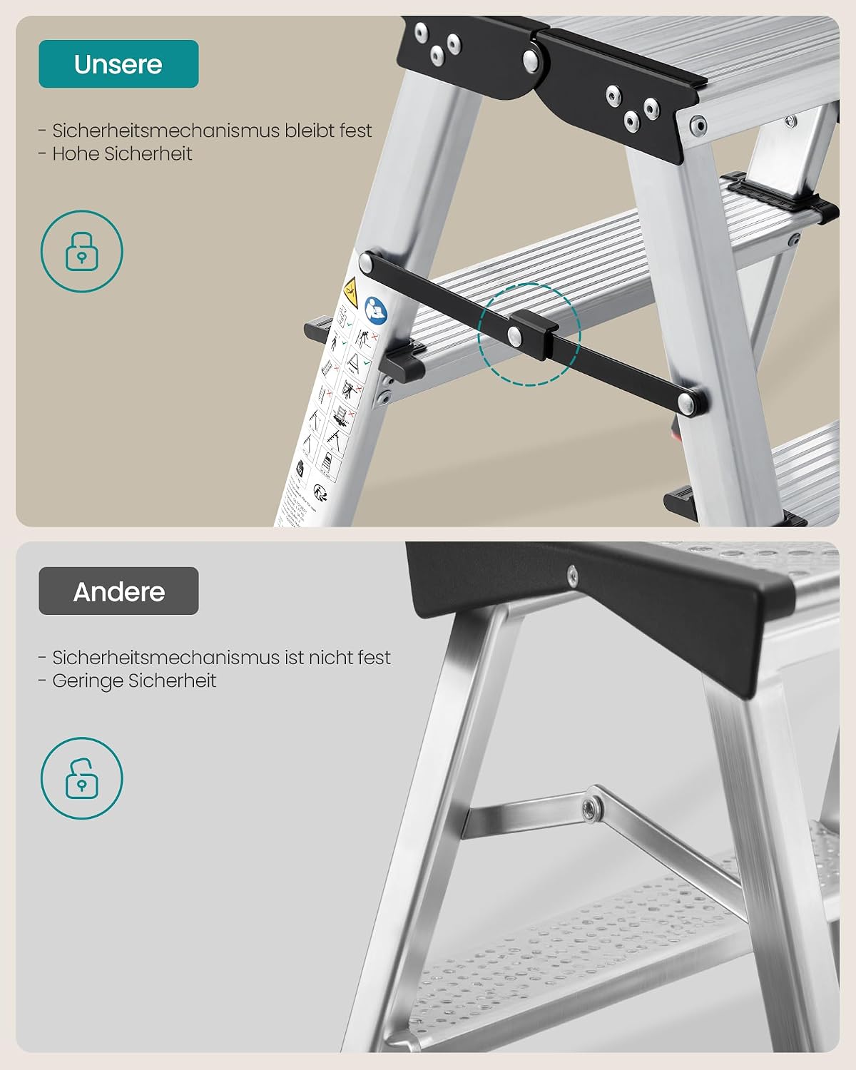 Detalle 2 de SONGMICS GLT012E01 Alu-Trittleiter klappbar mit 2 rutschfesten Stufen, bis 150 kg, Stehleiter für Haushalt & Garten