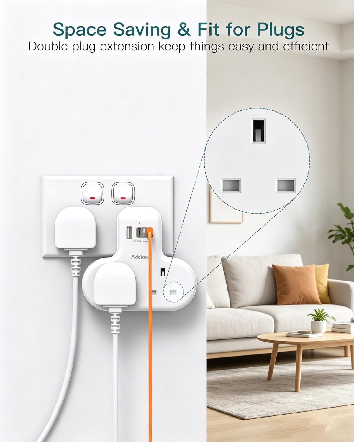 Thumbnail 5 de [2 Pack] Addtam Double Plug Extension: 2-Way Multi Socket with 3 USB ports (2 USB-C) for UK sockets
