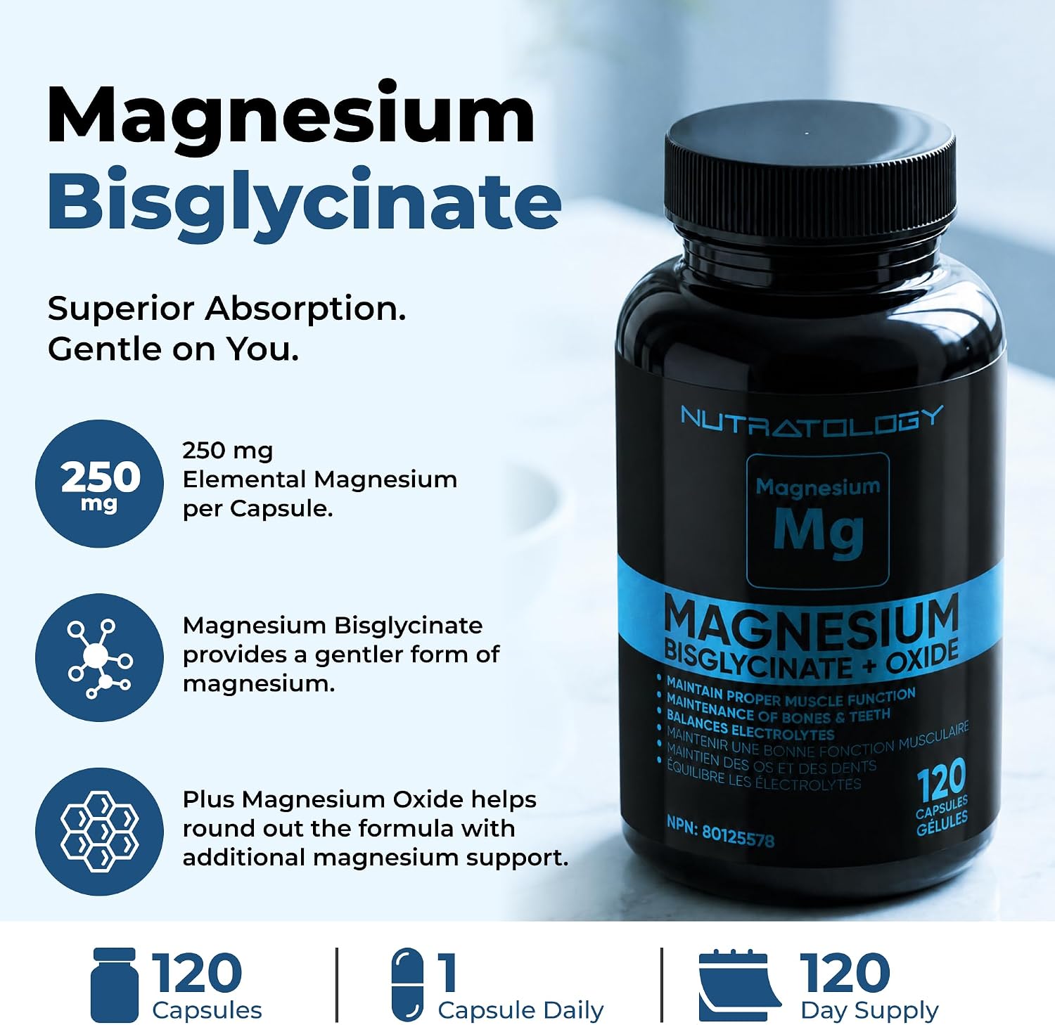 Detalle de Nutratology Magnesium Bisglycinate + Oxide Capsules, 250 mg, 120 Count