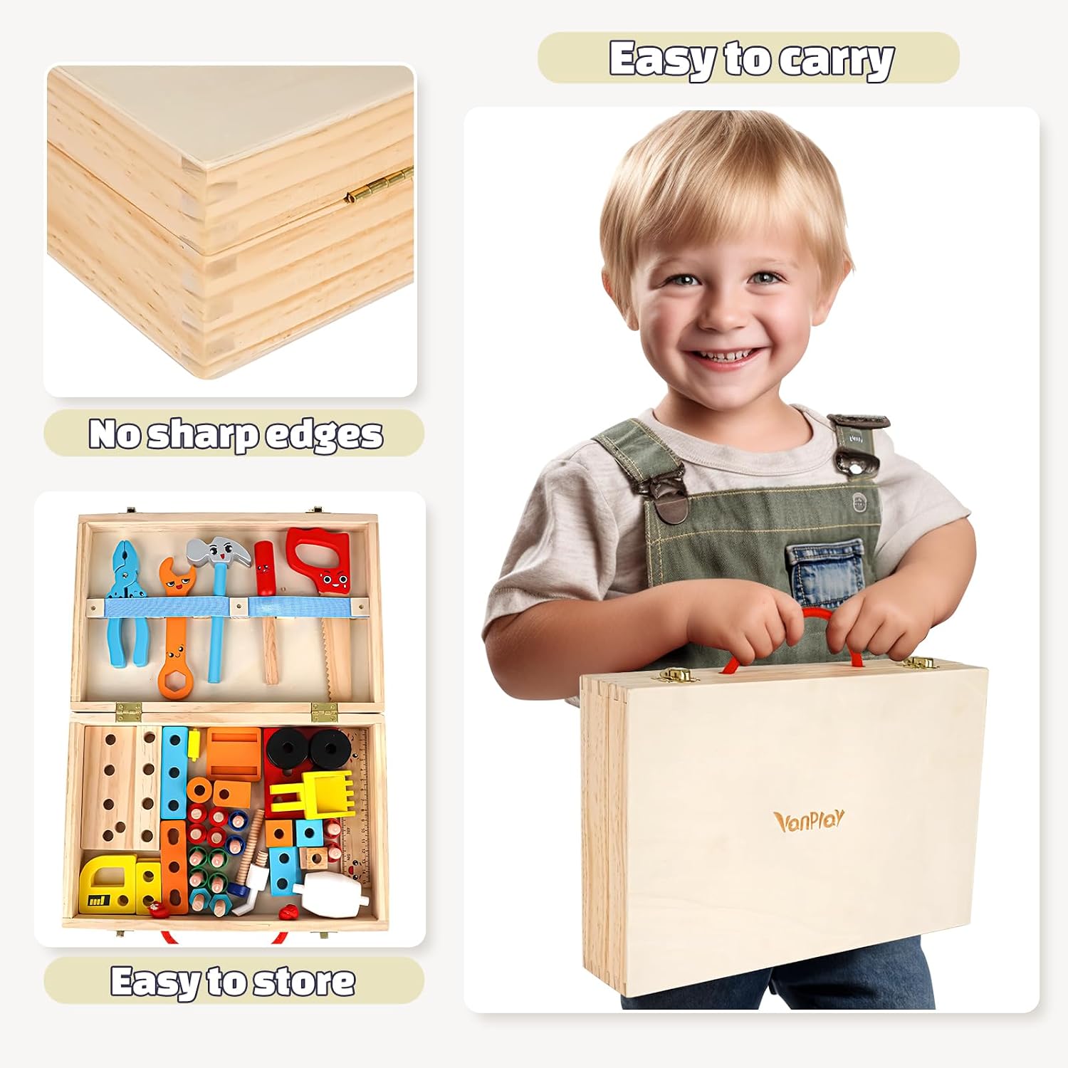 Thumbnail 3 de Vanplay Werkzeugkoffer für Kinder ab 3 Jahren – Holzwerkzeugset mit 53 Teilen