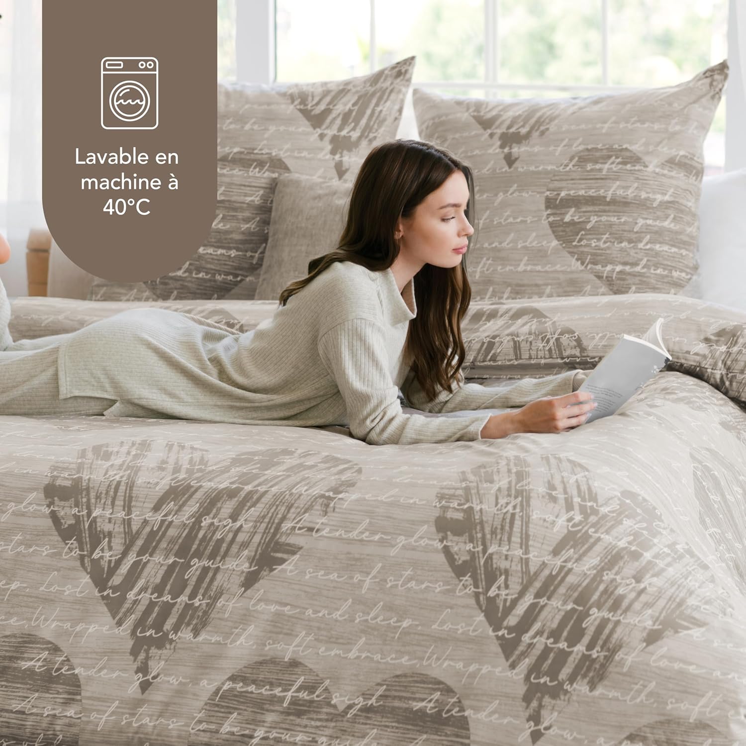 Thumbnail 6 de Dreamzie Housse de Couette 200x200 cm avec 2 Taies d'Oreiller 65x65 cm – Motif Coeur Paille, Oeko-Tex