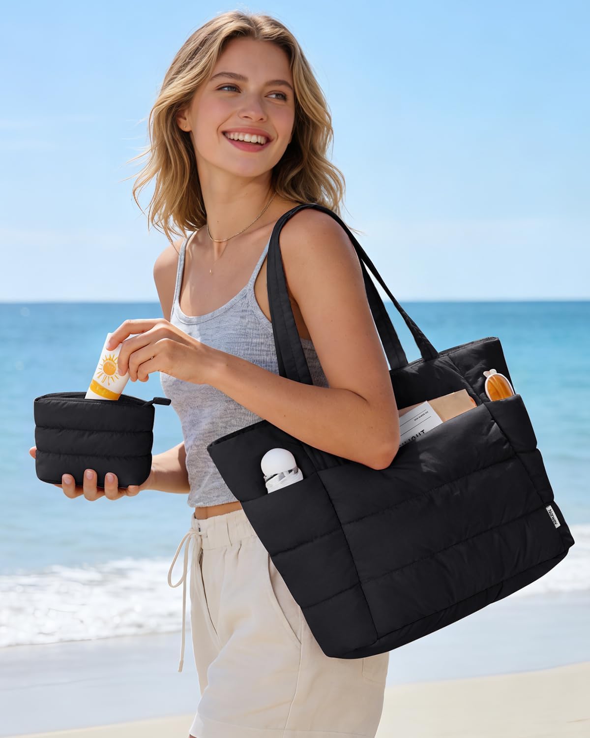 Thumbnail 2 de Narwey puffer tote bag for women with zip, laptop slot and tumbler holder