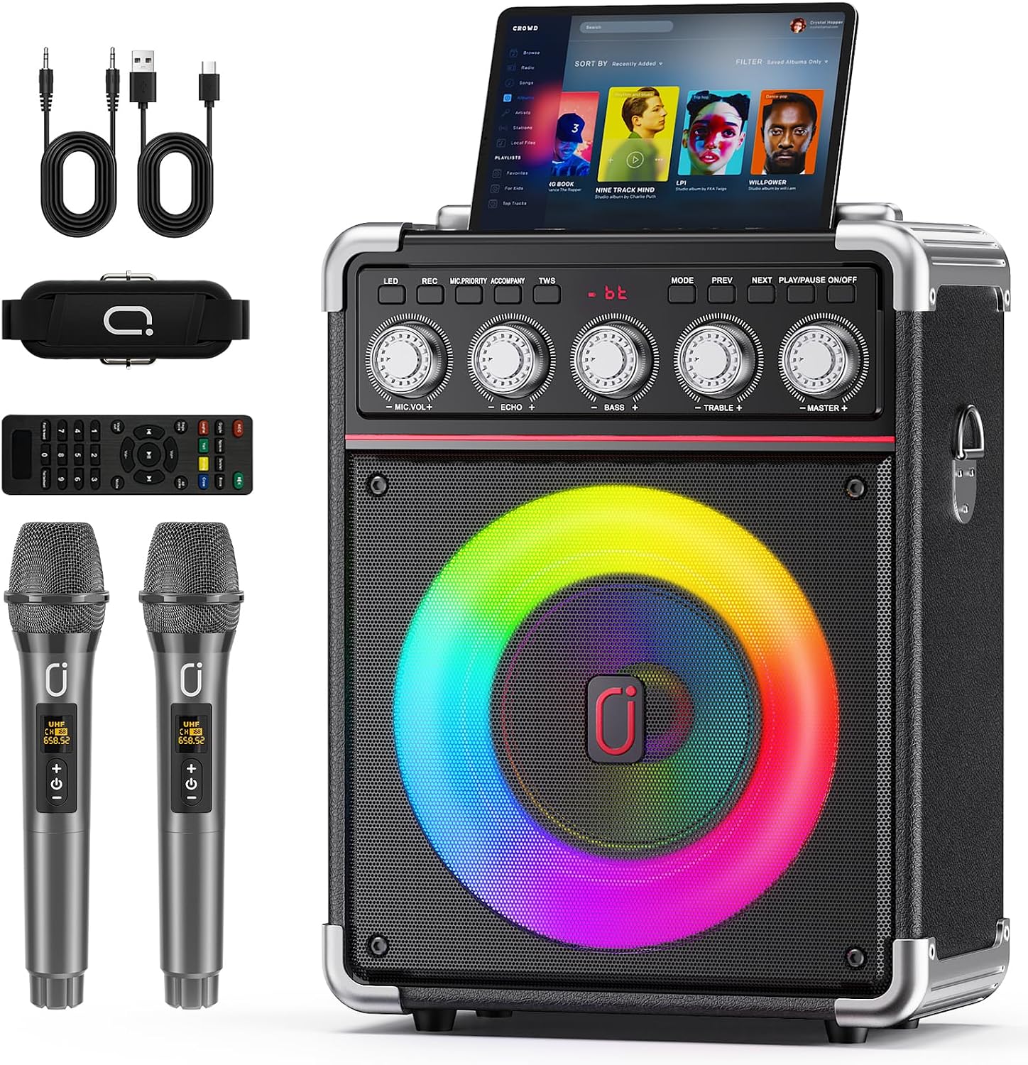 Detalle de PPMIC TX05 Portable Karaoke Machine, 100W, Bluetooth 5.3, 2 Wireless Mics