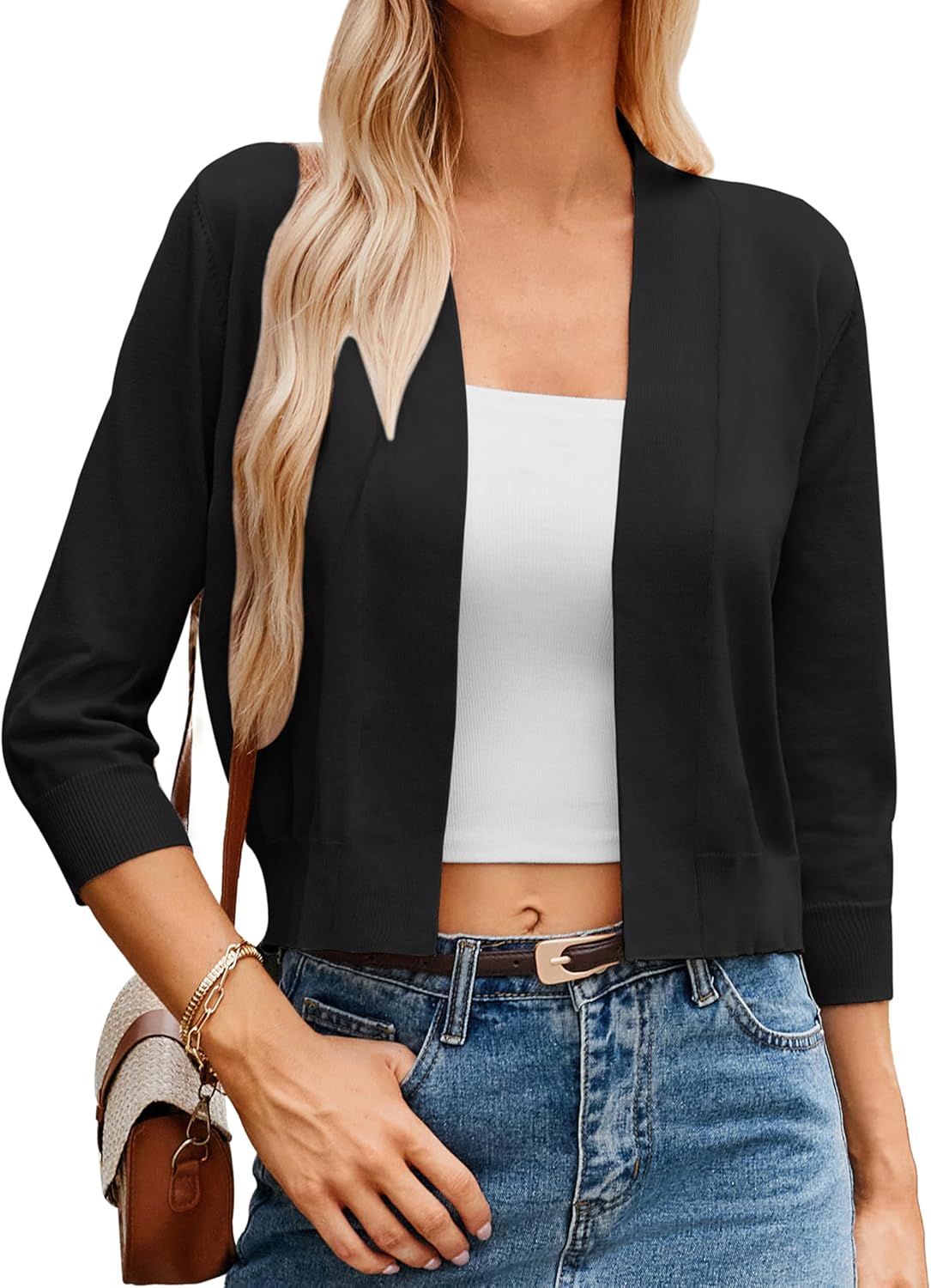 Detalle de Grace Karin Women's Cropped Open-Front Cardigan: Lightweight Knit 3/4 Sleeves