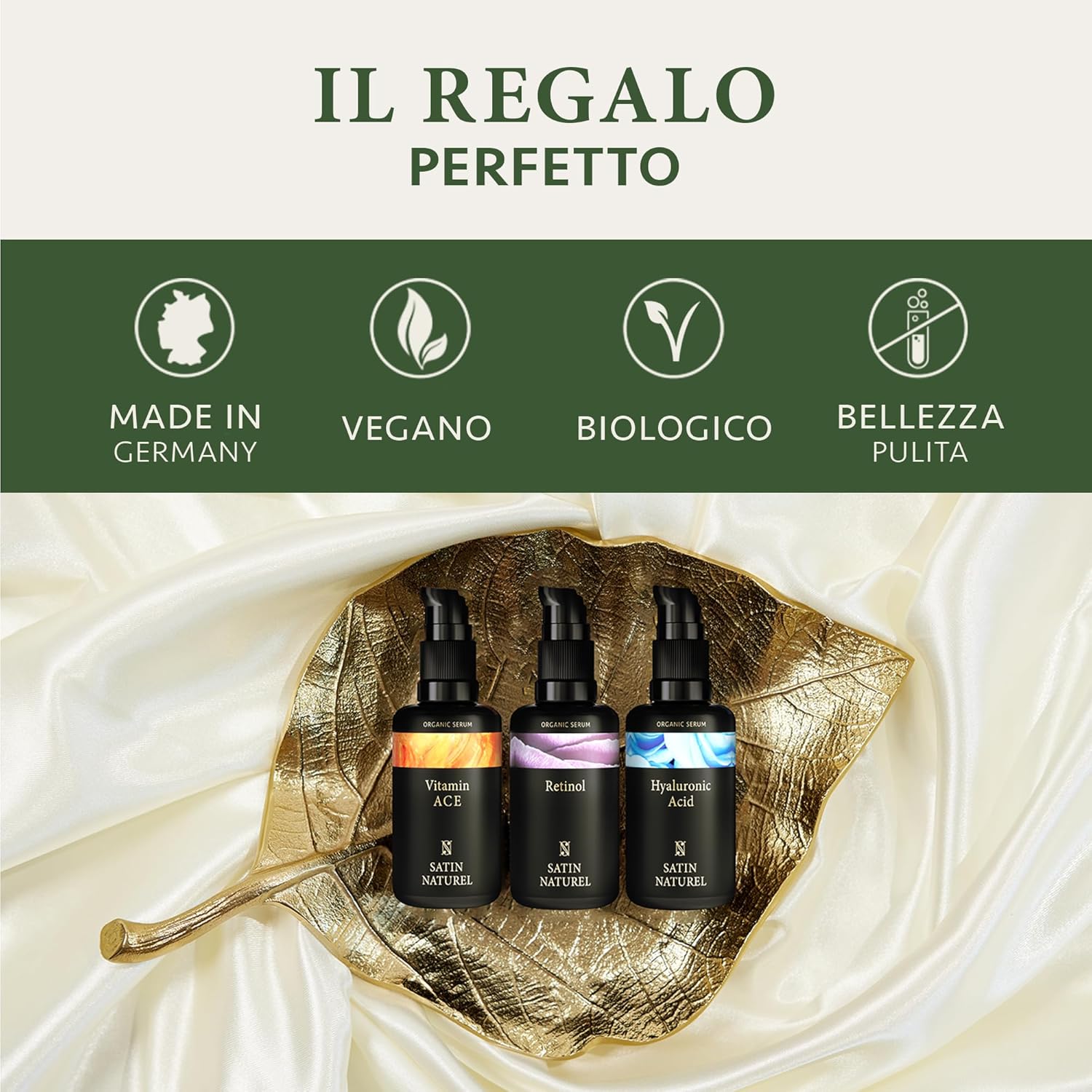 Detalle de Satin Naturel Cofanetto Regalo Donna Premium – Sieri Viso vegan 3x30ml (Acido Ialuronico, Vitamina C, Retinolo)
