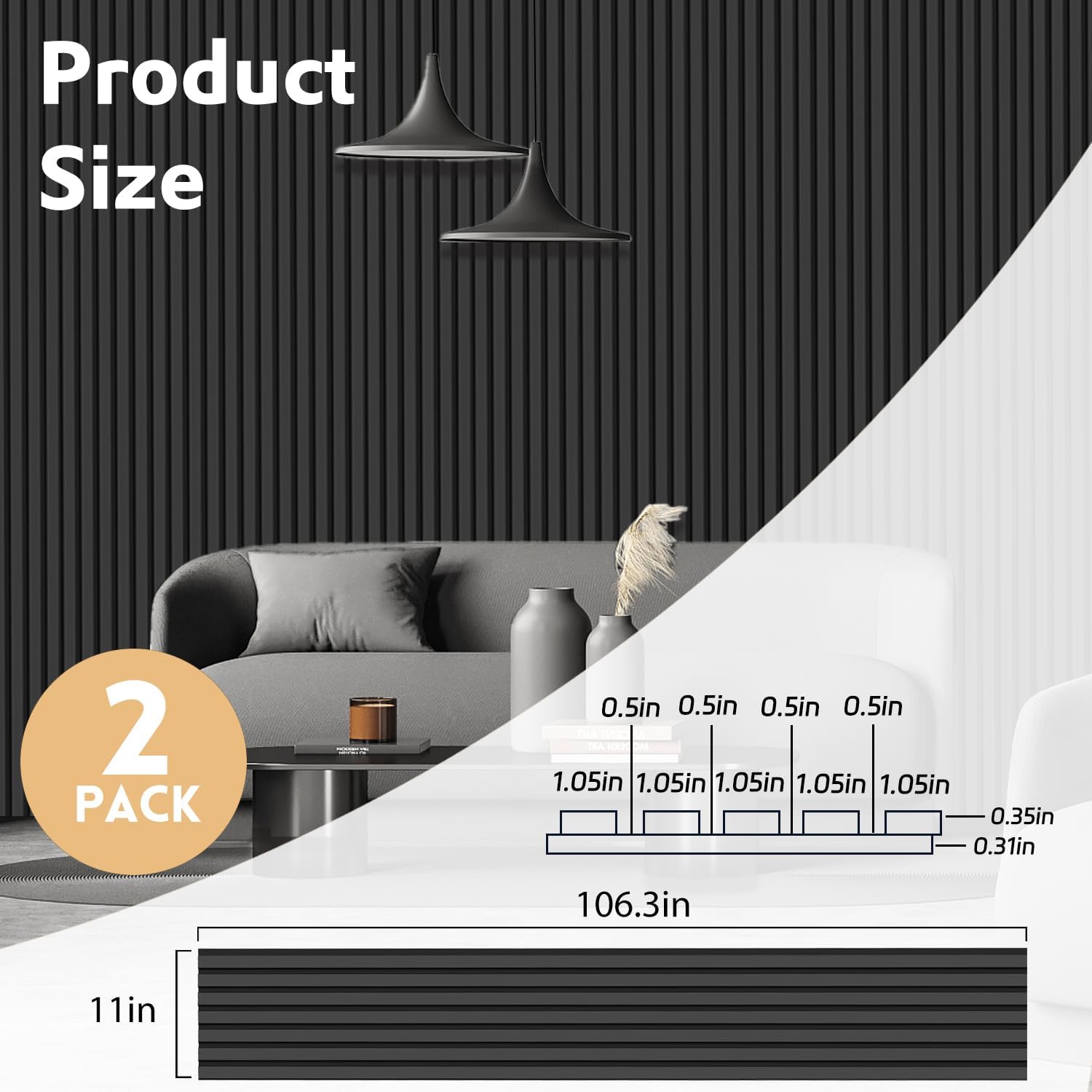 Detalle 2 de RITOLLO Matte Black Wood Slat Acoustic Wall Panels, 106.3 × 11 in, 2-Pack