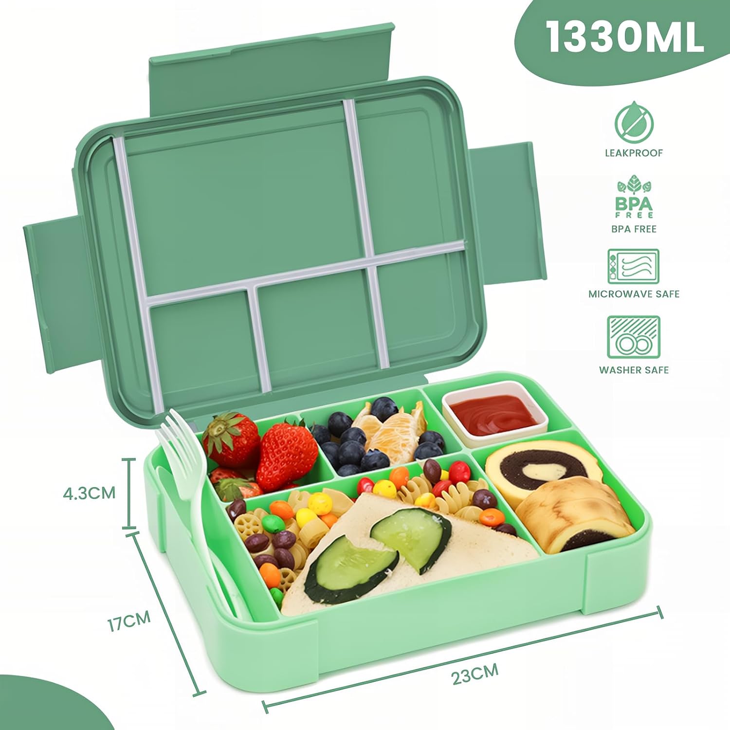 Detalle 2 de Bugucat Kinder-Brotdose mit 6 Fächern, 1.330 ml – auslaufsichere Bento-Box mit Besteckset, dunkelgrün