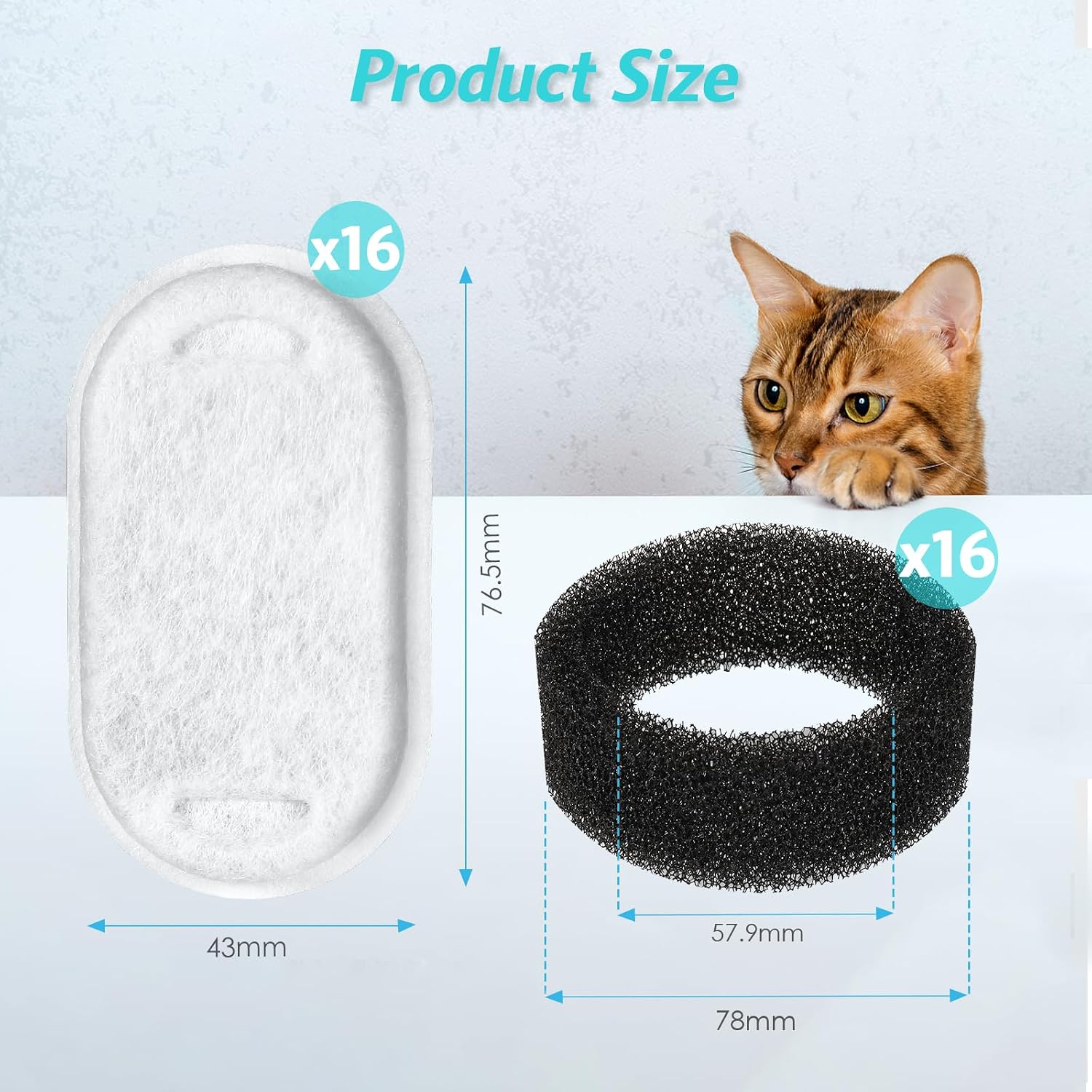 Thumbnail 1 de 32Pcs Cat Water Fountain Filters Set — 16 Activated Carbon + 16 Foam Filters for 3.2L/2L Fountains