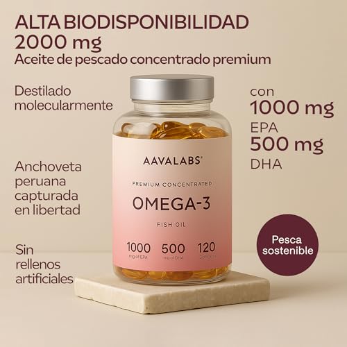 Detalle 2 de Omega 3 2000 mg por dosis diaria de AAVALABS: 1000 mg EPA + 500 mg DHA en 2 cápsulas