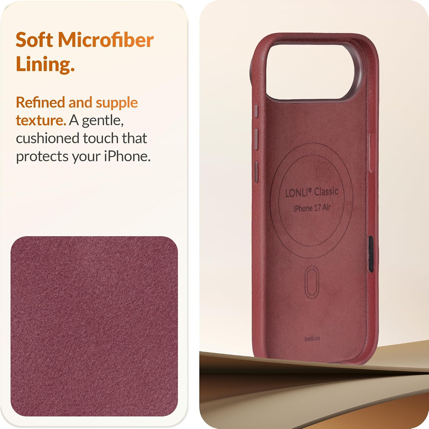 Detalle 2 de LONLI Classic Gold-Rated Leather Case for iPhone Air (Wine) with Camera Control & MagSafe compatibility