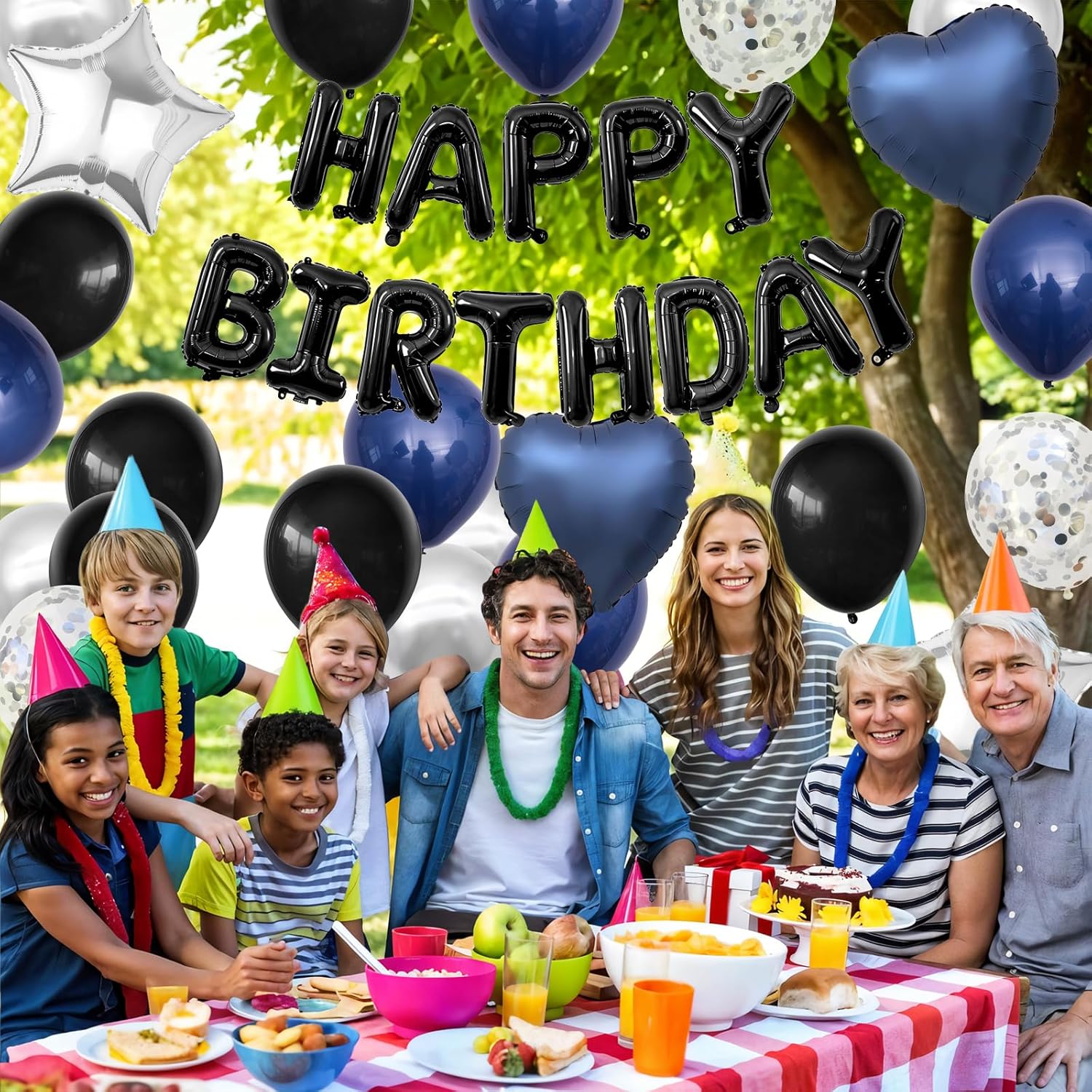 Thumbnail 5 de Navy Blue & Black “Happy Birthday” Balloon Decoration Set with Silver Confetti Balloons