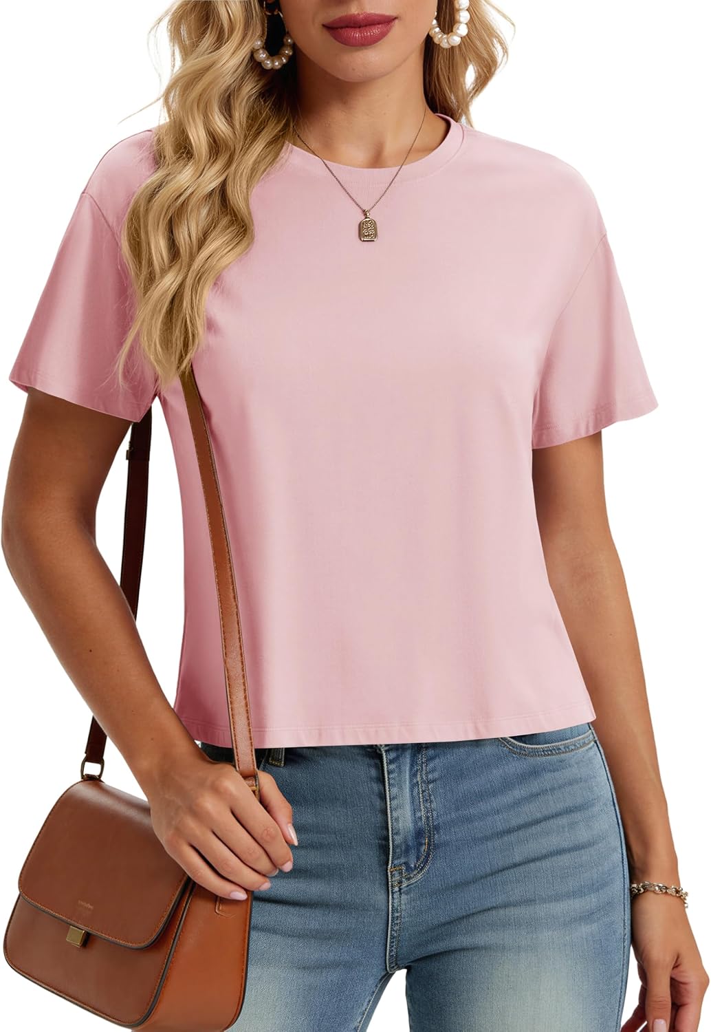 Detalle de MAGCOMSEN Women's Cotton Cropped T-Shirt, Crewneck, Short Sleeve, Loose Fit