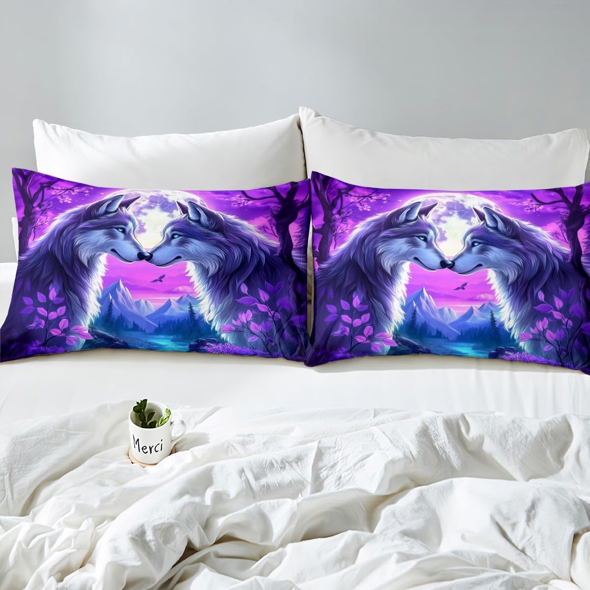 Thumbnail 5 de Homewish Wolf Bettwäsche-Set 135x200 cm lila mit Motiv (Wolf, Mond & Wildtiere)