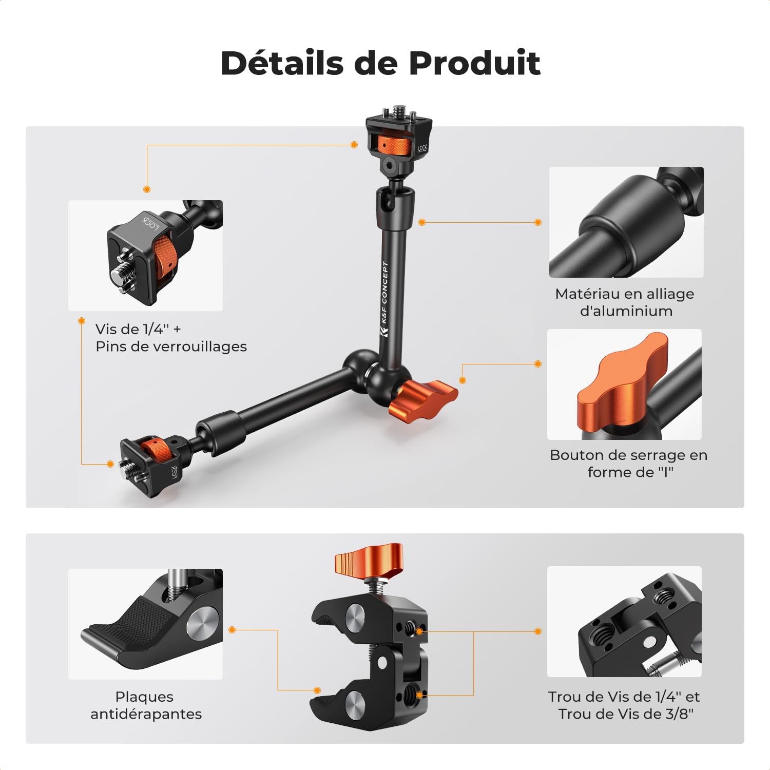 Detalle de K&F CONCEPT Bras Magique 11 Pouce avec Pince Super Clamp et Vis 1/4'' 3/8'', Support articulé pour Moniteur, Appareil Photo, Lumière LED et Microphone