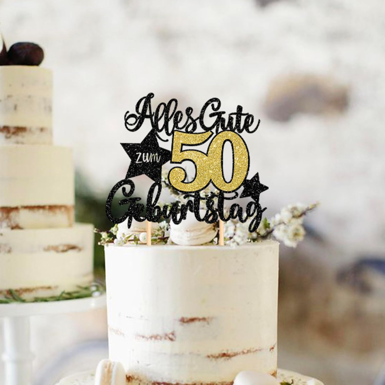 Thumbnail 4 de 1 Stück 50th Geburtstag Tortendeko – Alles Gute zum 50. Geburtstag Kuchen Topper (Schwarz-Gold)