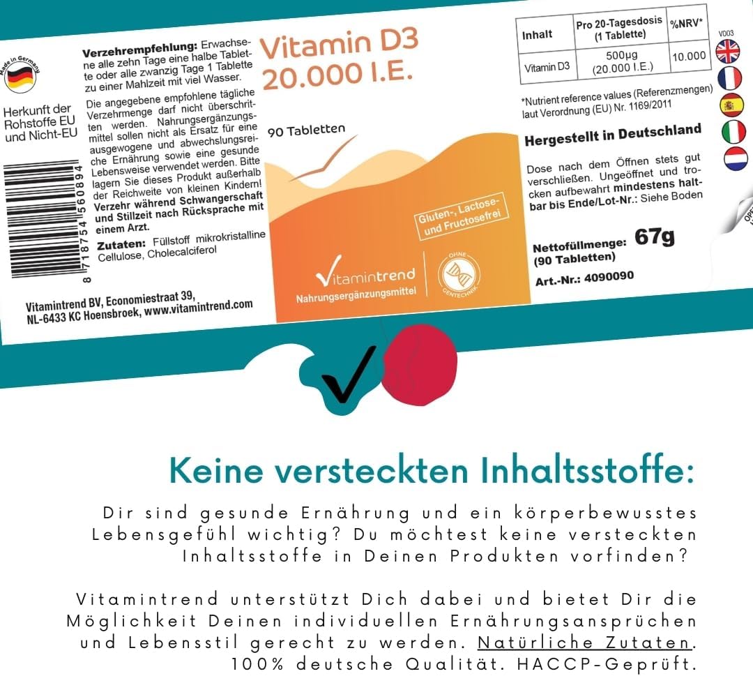 Detalle de Vitamintrend Vitamin D3 20000 I.E. Hochdosiert – 90 Tabletten, schluckfreundlich, Ohne Zusatzstoffe, in Deutschland hergestellt