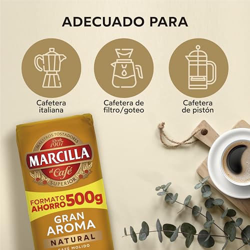 Detalle de Marcilla Café Molido Natural 500 g – Intensidad 8 para cafetera italiana, filtro o pistón