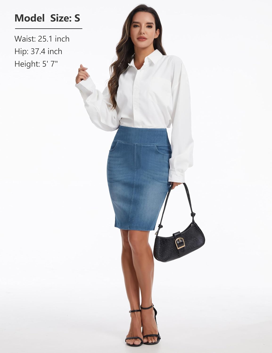 Thumbnail 6 de THE GYM PEOPLE Women's High-Waist Pencil Denim Skirt, Stretch Fit, Back Slit