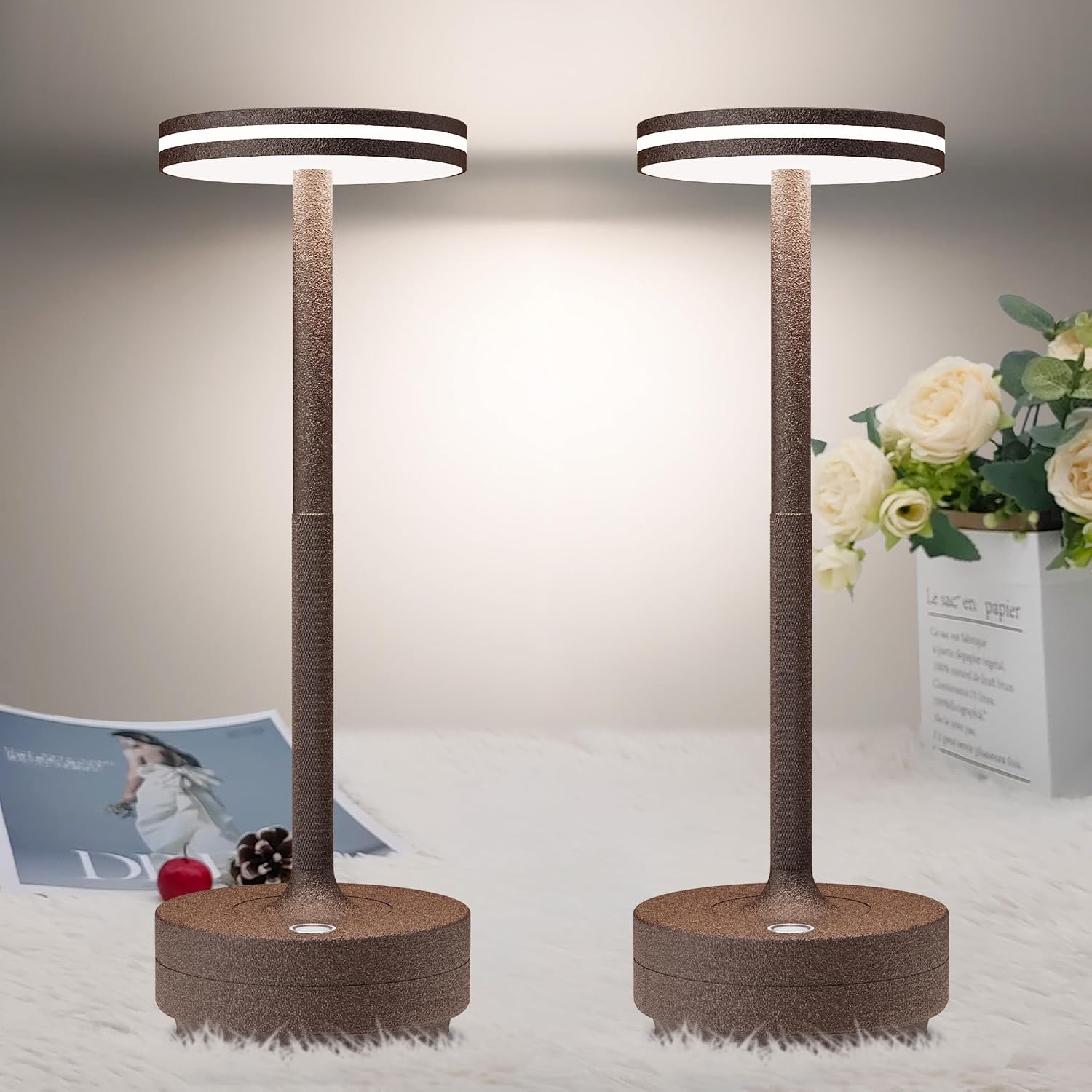 Detalle de bravzurg draadloze LED-tafellampen, set van 2, roestkleurig, dimbaar en IP54