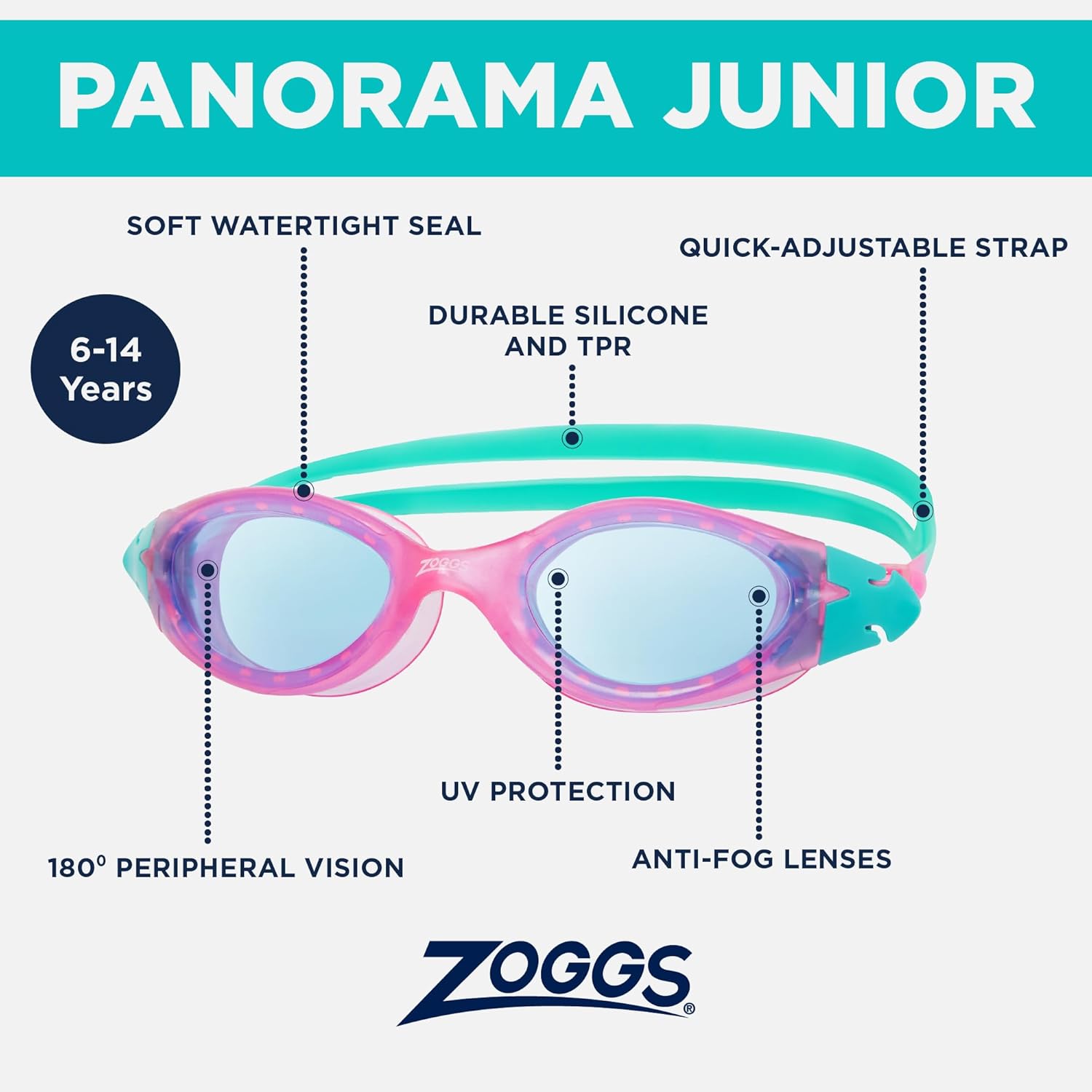Thumbnail 1 de Zoggs Panorama Junior Swimming Goggles (6–14 Years) with UV Protection and Anti-Fog