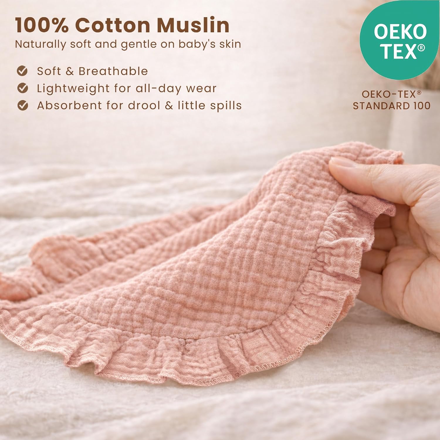 Thumbnail 2 de Konssy 3-Pack Muslin Baby Girl Bibs, 100% Cotton with Ruffle Trim