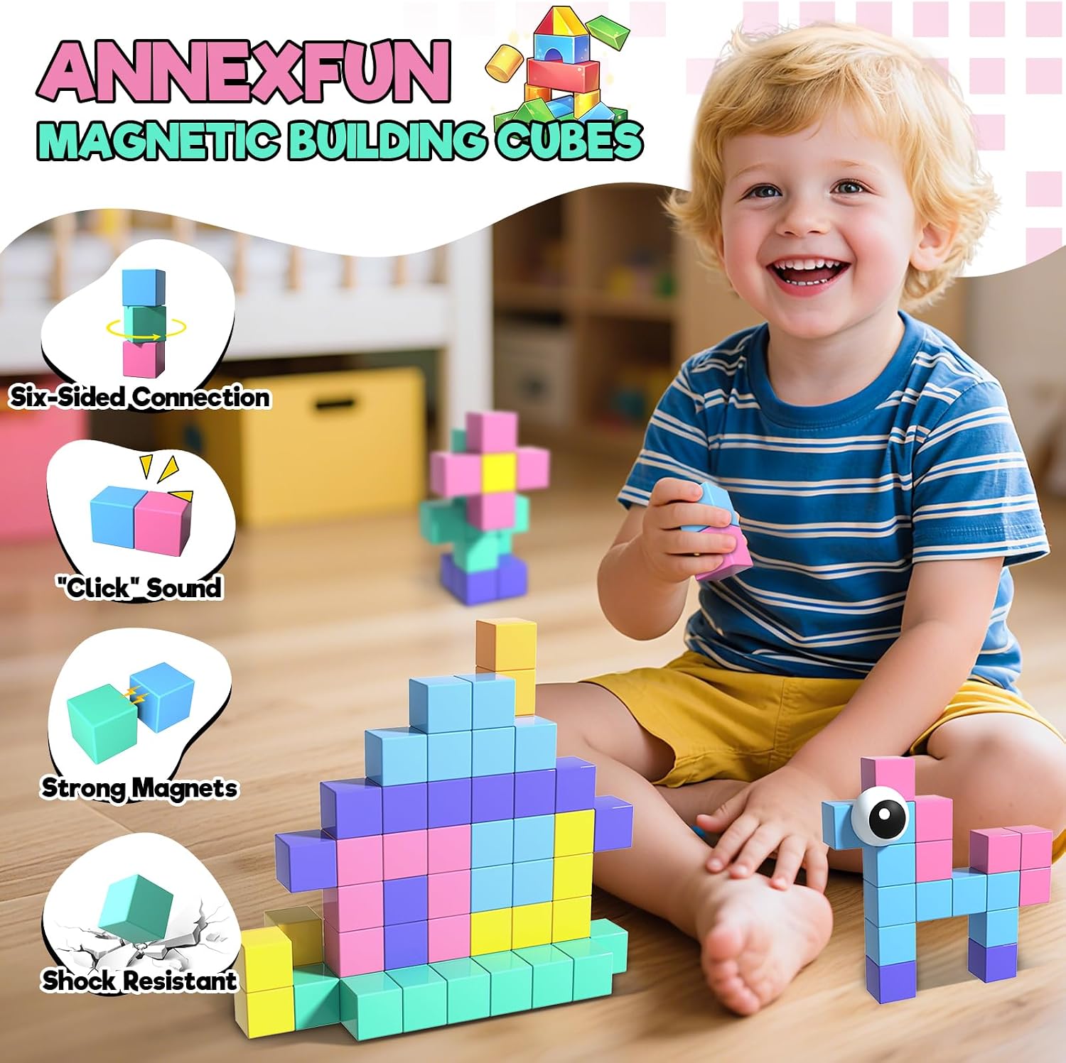 Thumbnail 3 de Magnetic Building Blocks for Kids (56pcs) – 1-inch Magnetic Cubes & Tiles with Toy Eyes for STEM Play