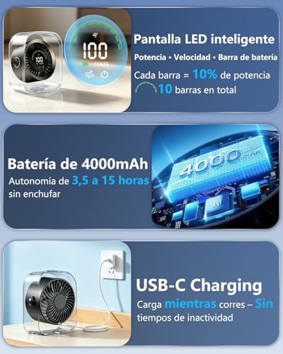 Detalle de DDKJ Ventilador de Mesa Silencioso USB Recargable: flujo 360° y 100 velocidades para escritorio, pared y hogar